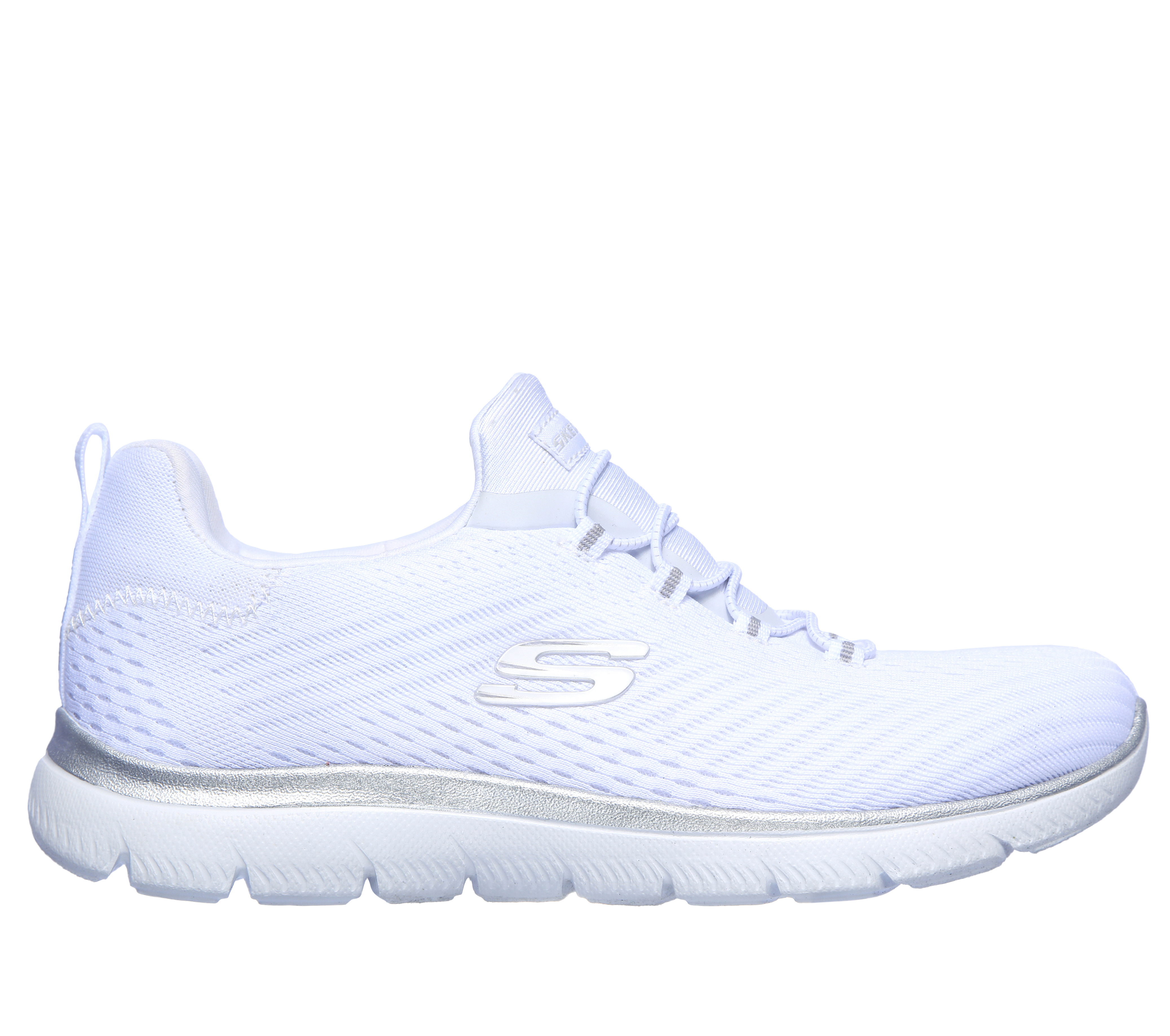 Skechers Women's Summits - Fast Attraction Sneaker in White/Silver, Size 9 | Textile/Synthetic, Vegan, Machine Washable