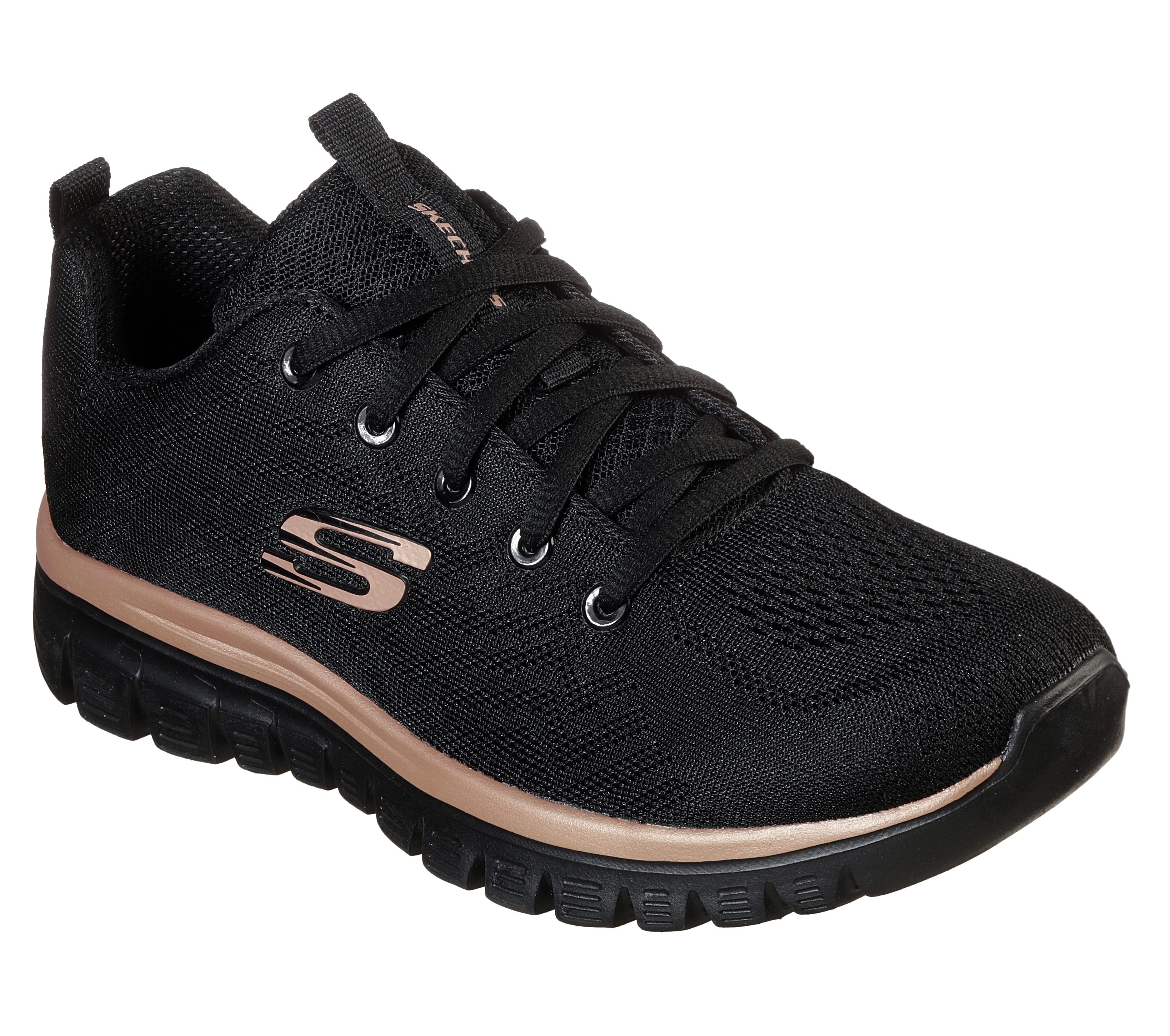 Skechers Women's Graceful - Get Connected Sneaker in Black/Rose Gold, Size 2.5 | Textile/Synthetic, Vegan, Machine Washable