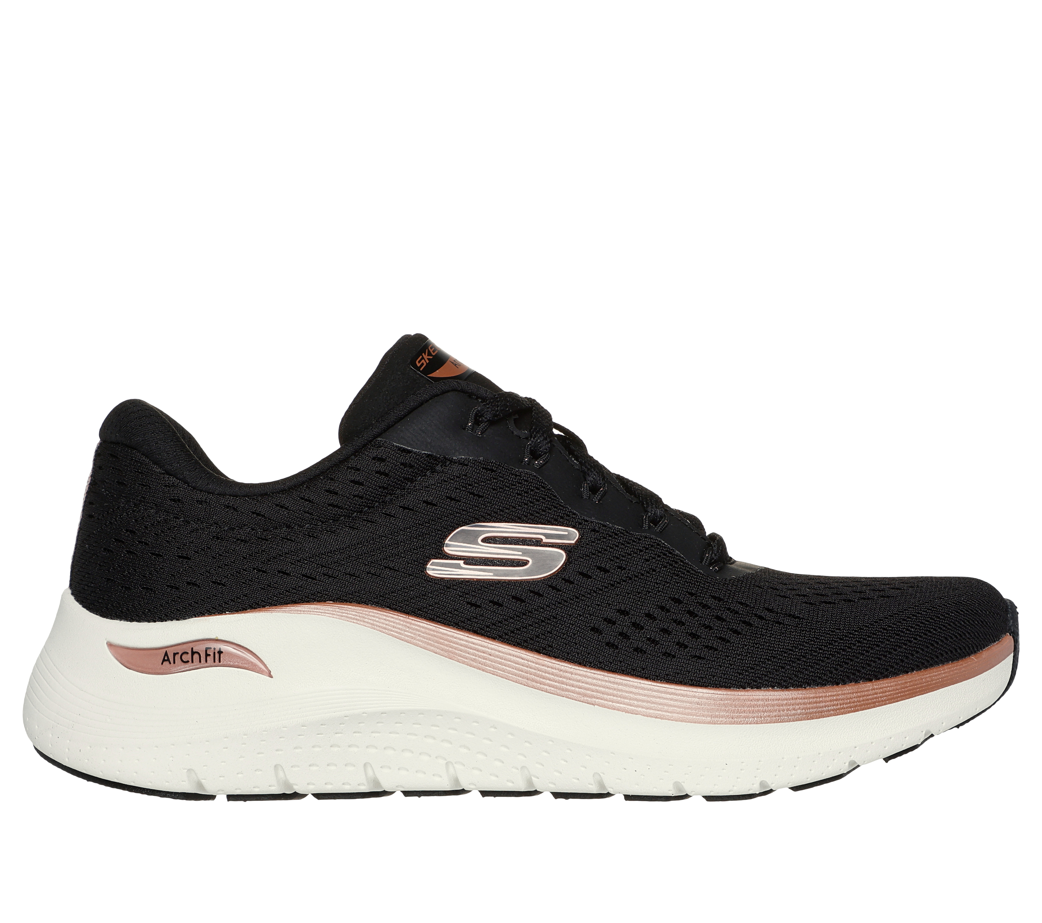 Skechers Women's Arch Fit 2.0 - Glow The Distance Sneaker in Black/Rose Gold, Size 6 | Textile/Synthetic, Vegan, Machine Washable