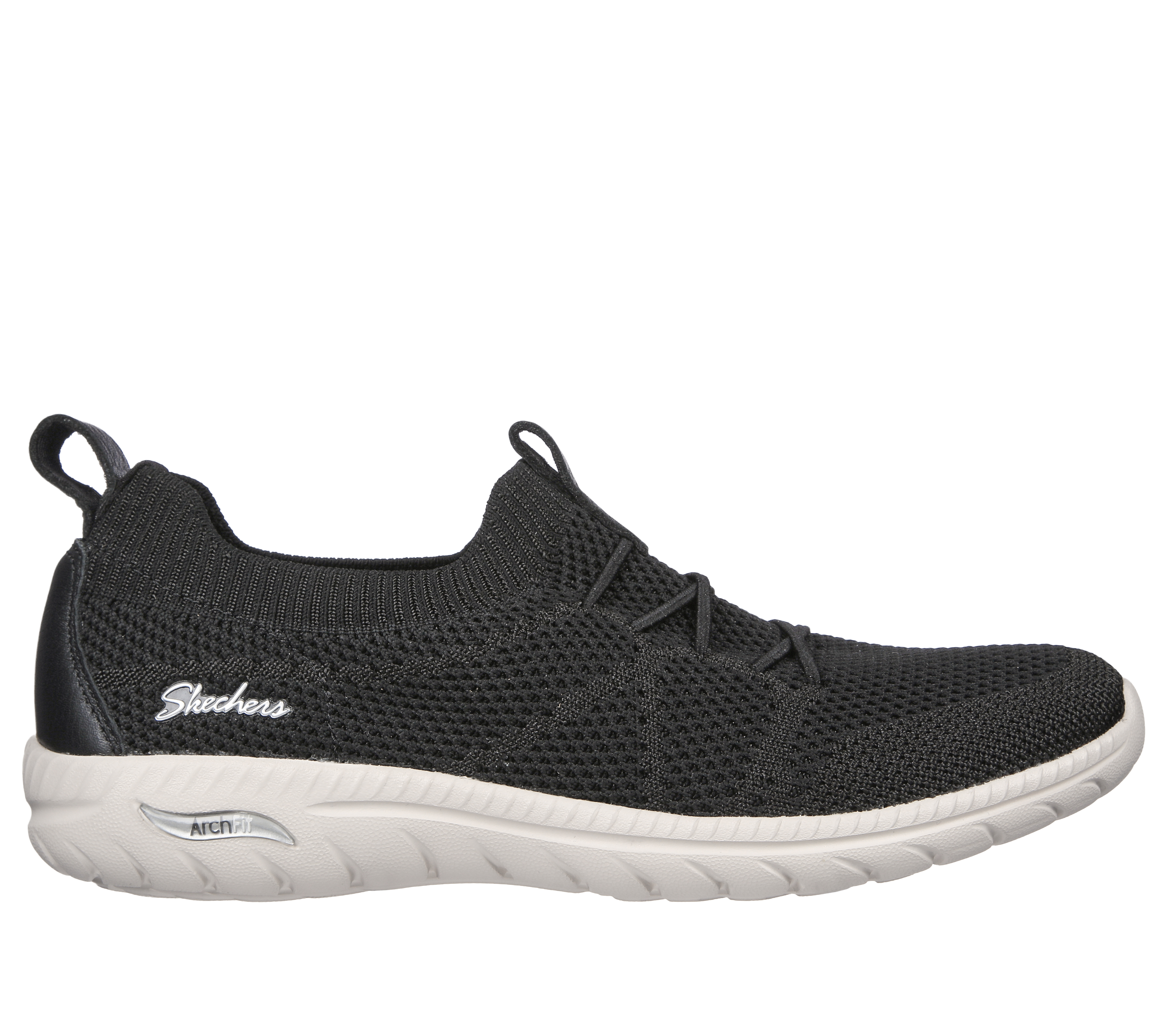 Skechers Women's Arch Fit Flex Slip-On Shoes in Black/White, Size 4 | Textile/Leather/Synthetic