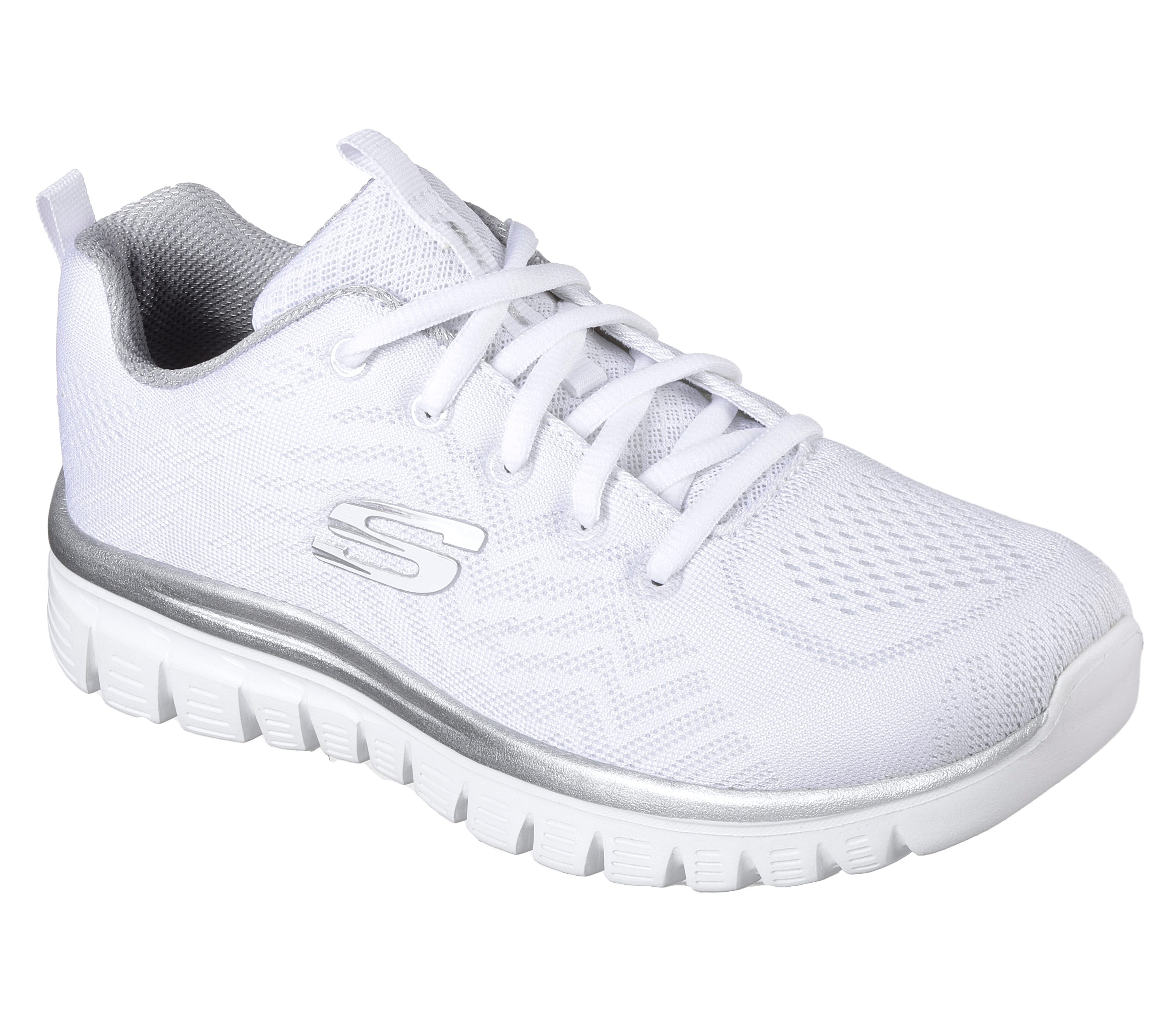 Skechers Women's Graceful - Get Connected Sneaker in White/Silver, Size 2.5 | Textile/Synthetic, Vegan, Machine Washable