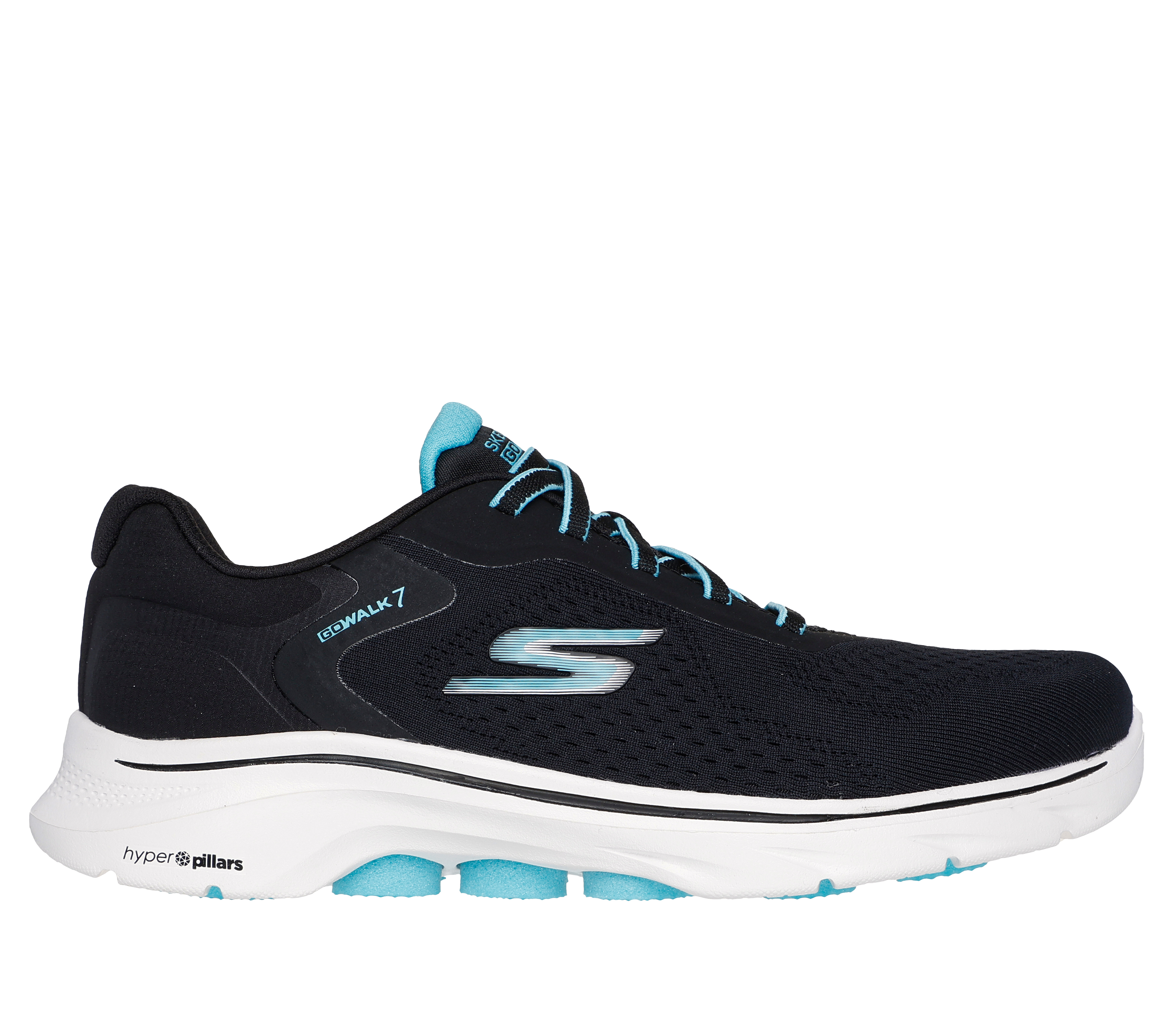 Skechers Women's GO WALK 7 - Cosmic Waves Sneaker in Black/Turquoise, Size 6.5 | Textile/Synthetic, Vegan, Machine Washable