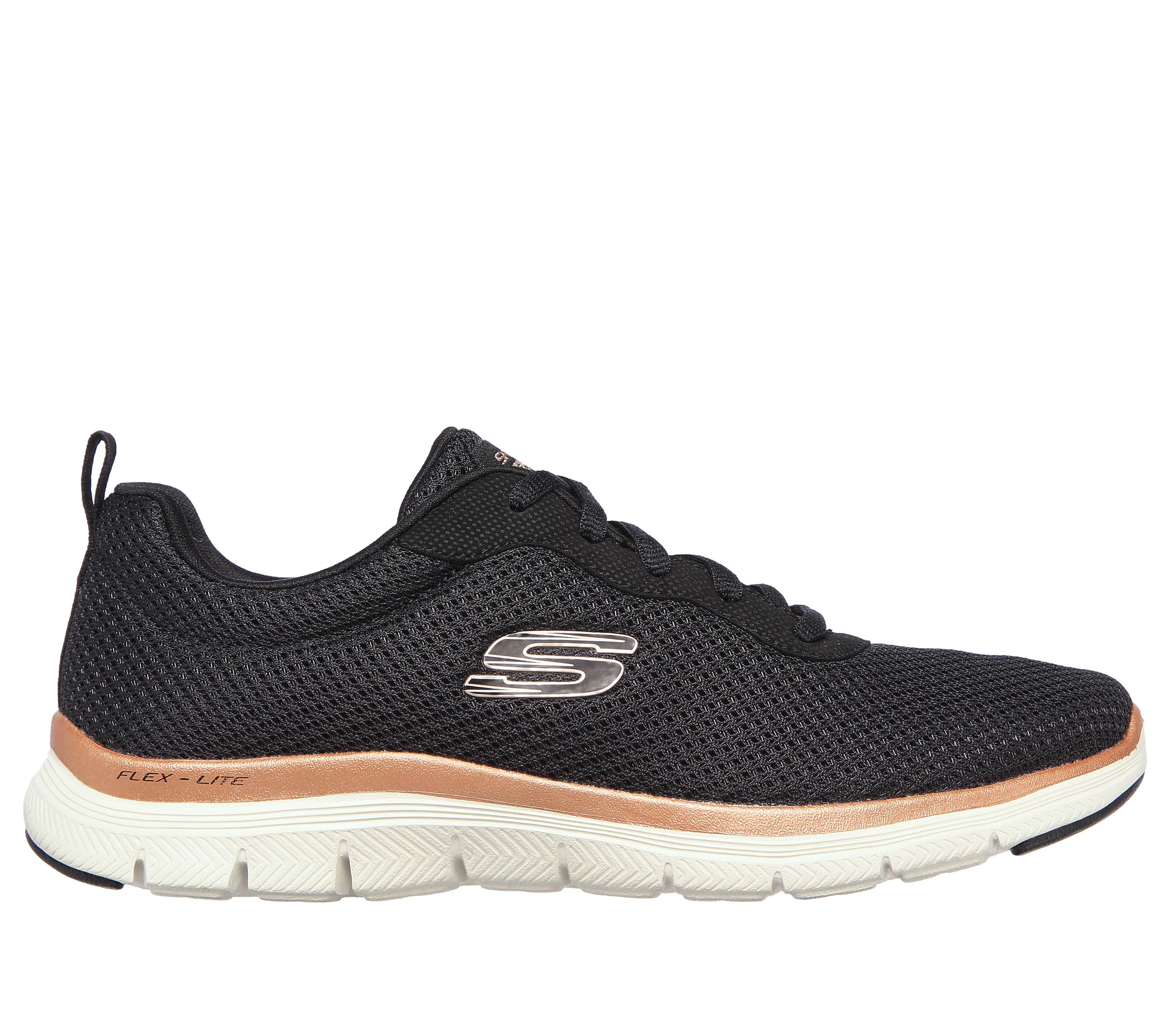 Skechers Women's Flex Appeal 4.0 - Brilliant View Sneaker in Black/Rose Gold, Size 4.5 | Textile/Synthetic, Vegan, Machine Washable