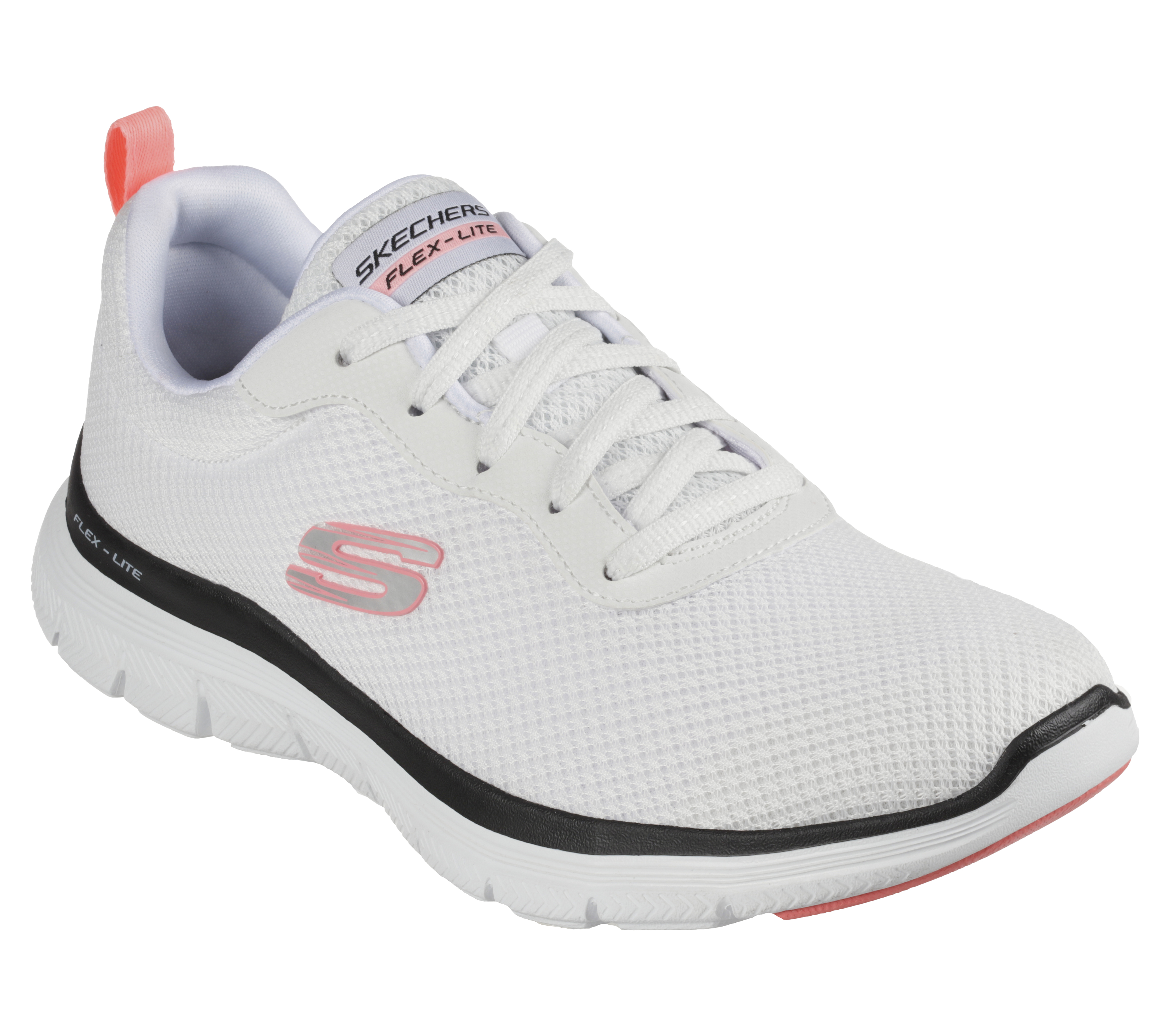 Skechers Women's Flex Appeal 4.0 - Brilliant View Sneaker in White/Black/Pink | Textile/Synthetic, Vegan, Machine Washable