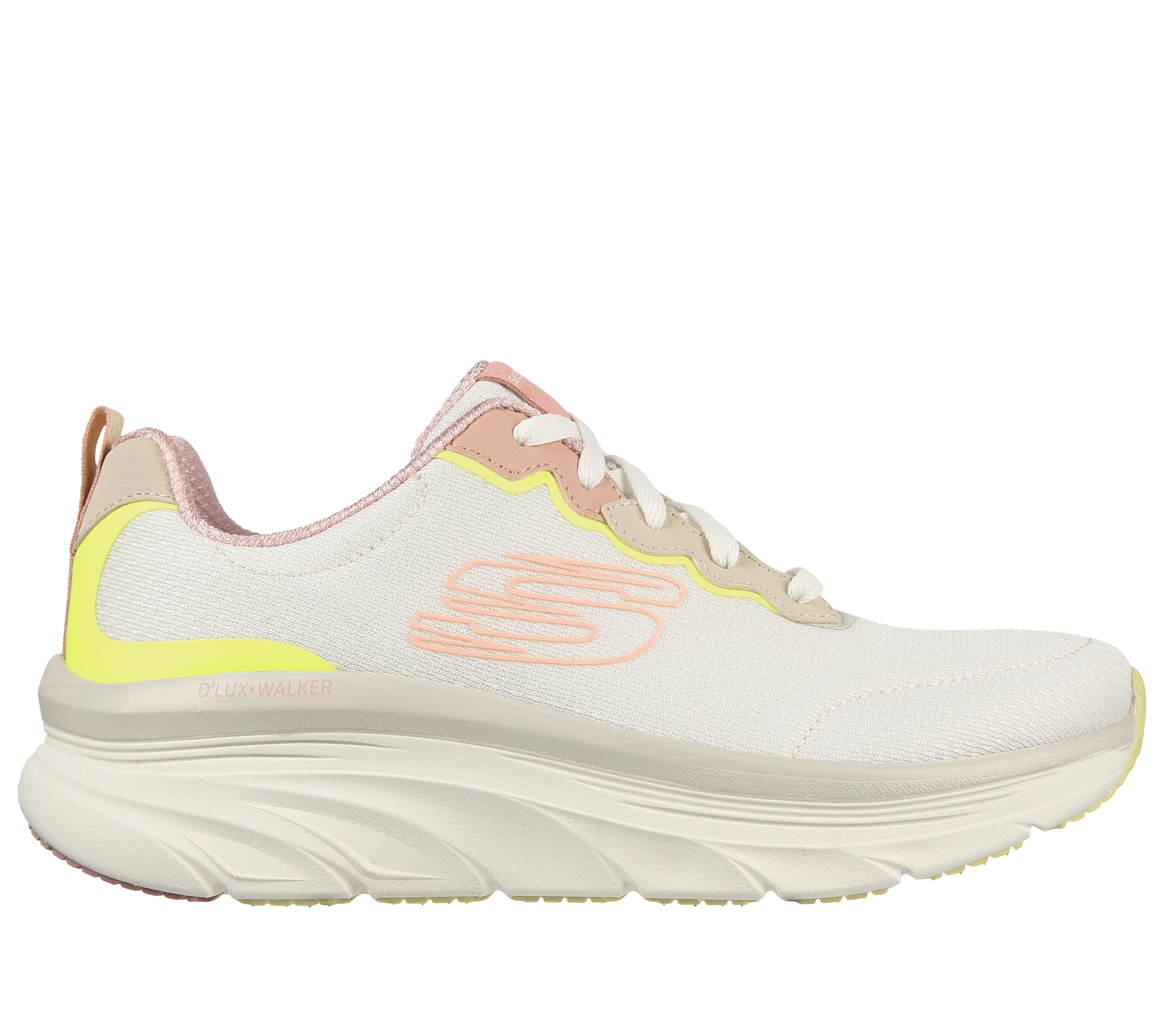 Skechers Women's Relaxed Fit: D'Lux Walker - Be Easy Sneaker in Off White/Pink, Size 5 | Textile/Synthetic, Vegan, Machine Washable