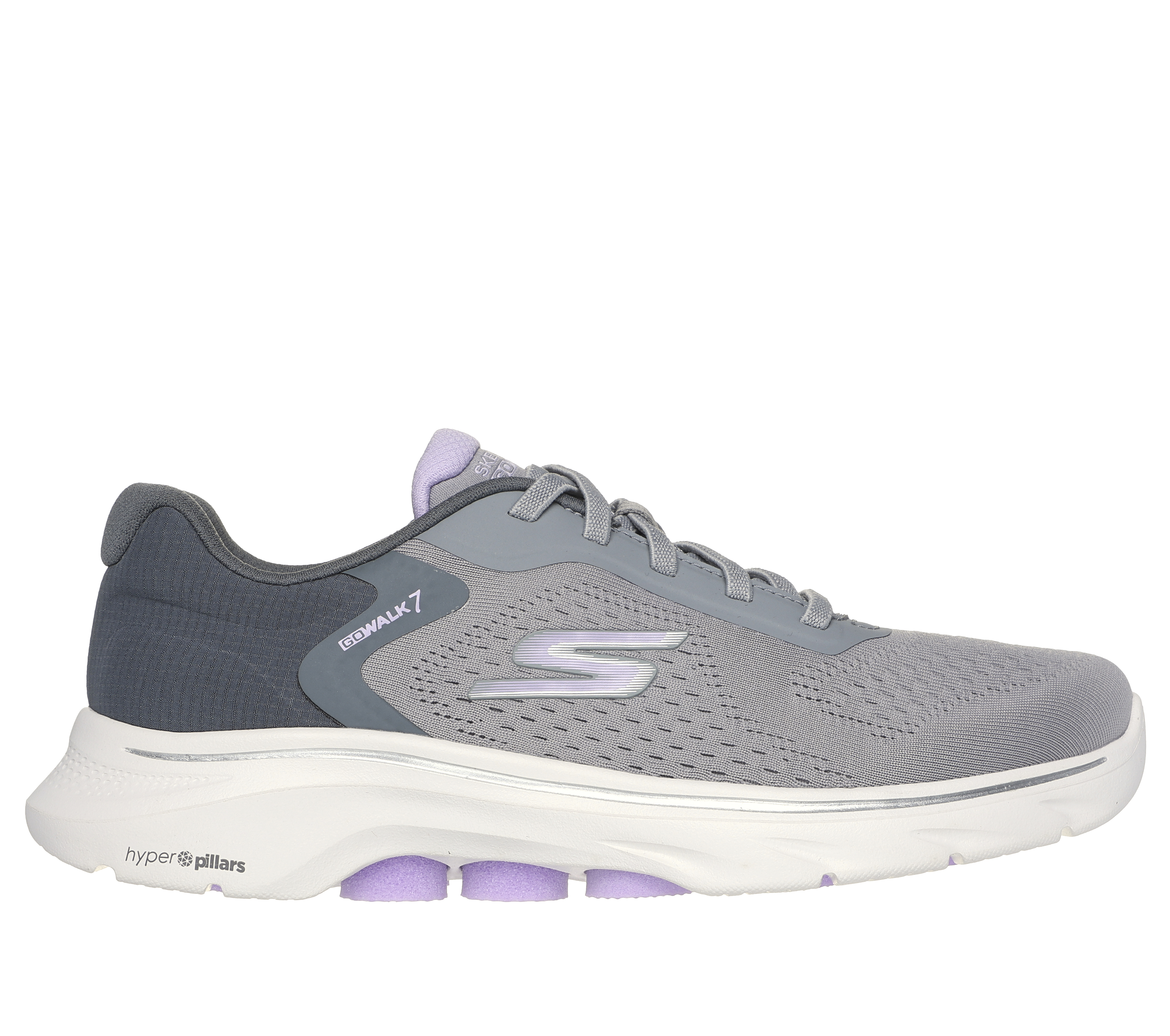 Skechers Women's GO WALK 7 - Cosmic Waves Sneaker in Gray/Lavender, Size 8 | Textile/Synthetic, Vegan, Machine Washable