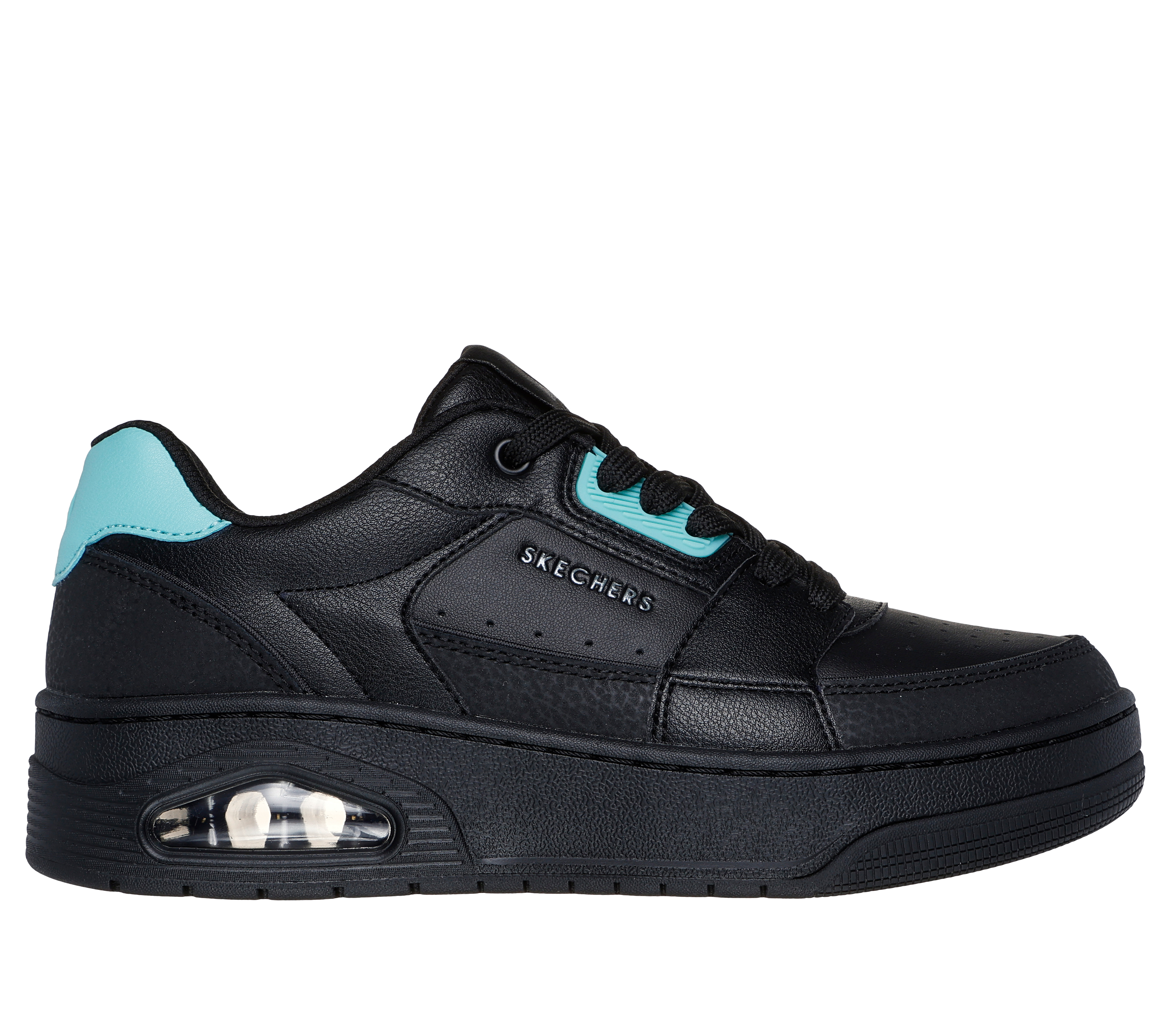 Skechers Women's Uno Court - Courted Style Sneaker in Black/Turquoise, Size 4.5 | Leather/Synthetic/Textile