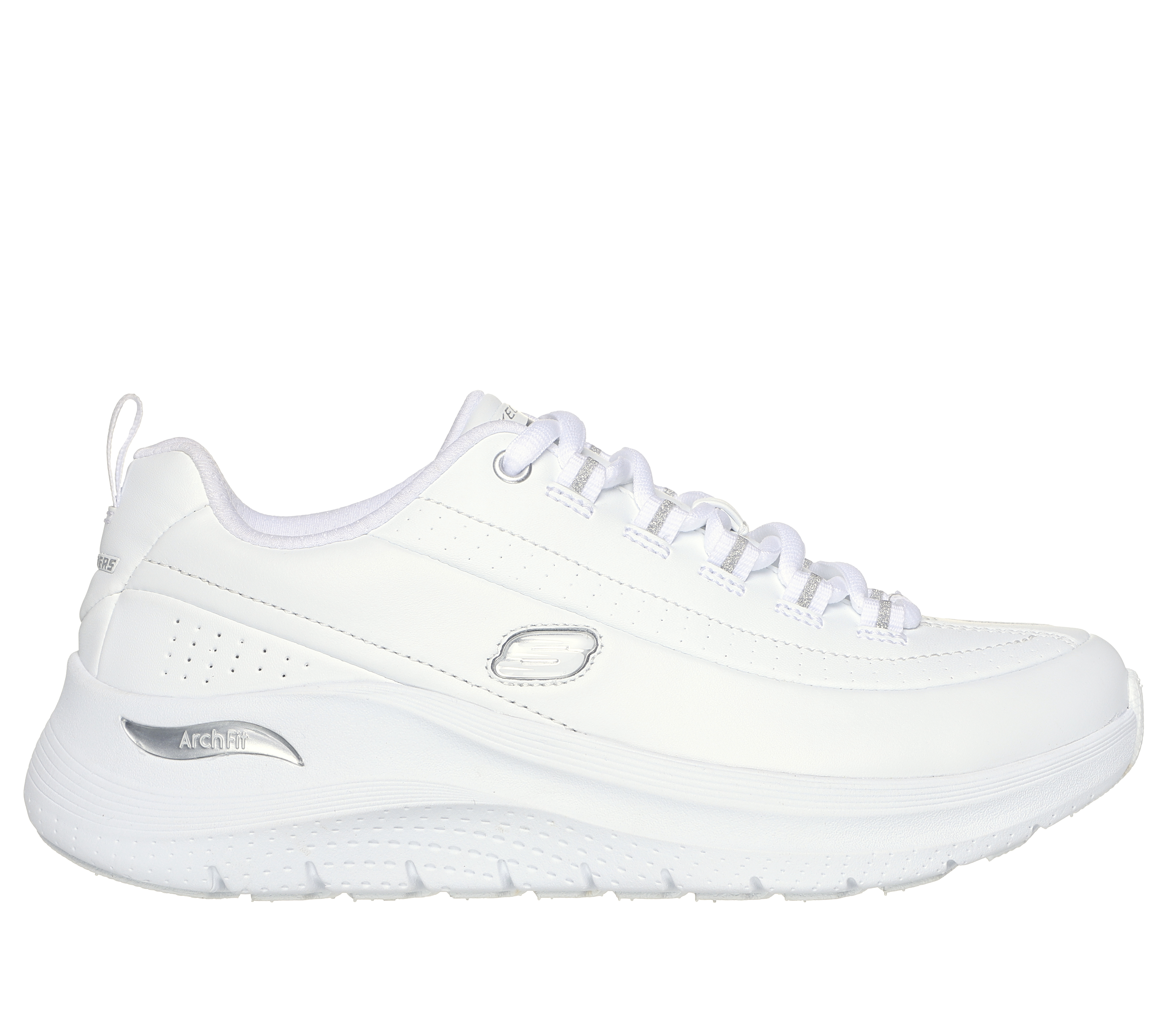 Skechers Women's Arch Fit 2.0 - Star Bound Sneaker in White/Silver, Size 7 | Leather/Synthetic/Textile