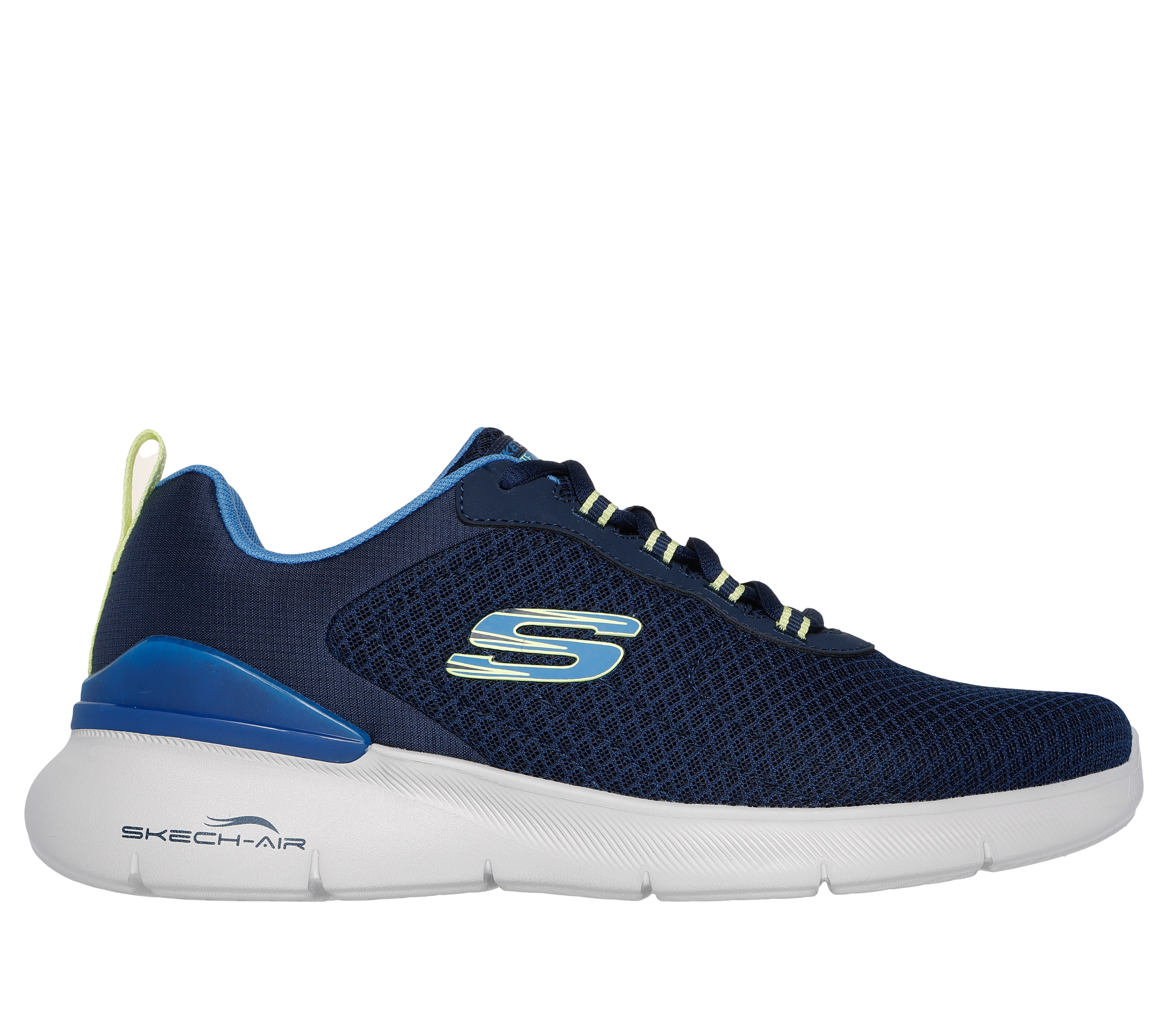 Skechers Men's Skech-Air Dynamight 2.0 - Durron Sneaker in Navy Blue/Lime, Size 9.5 | Textile/Synthetic, Vegan, Machine Washable