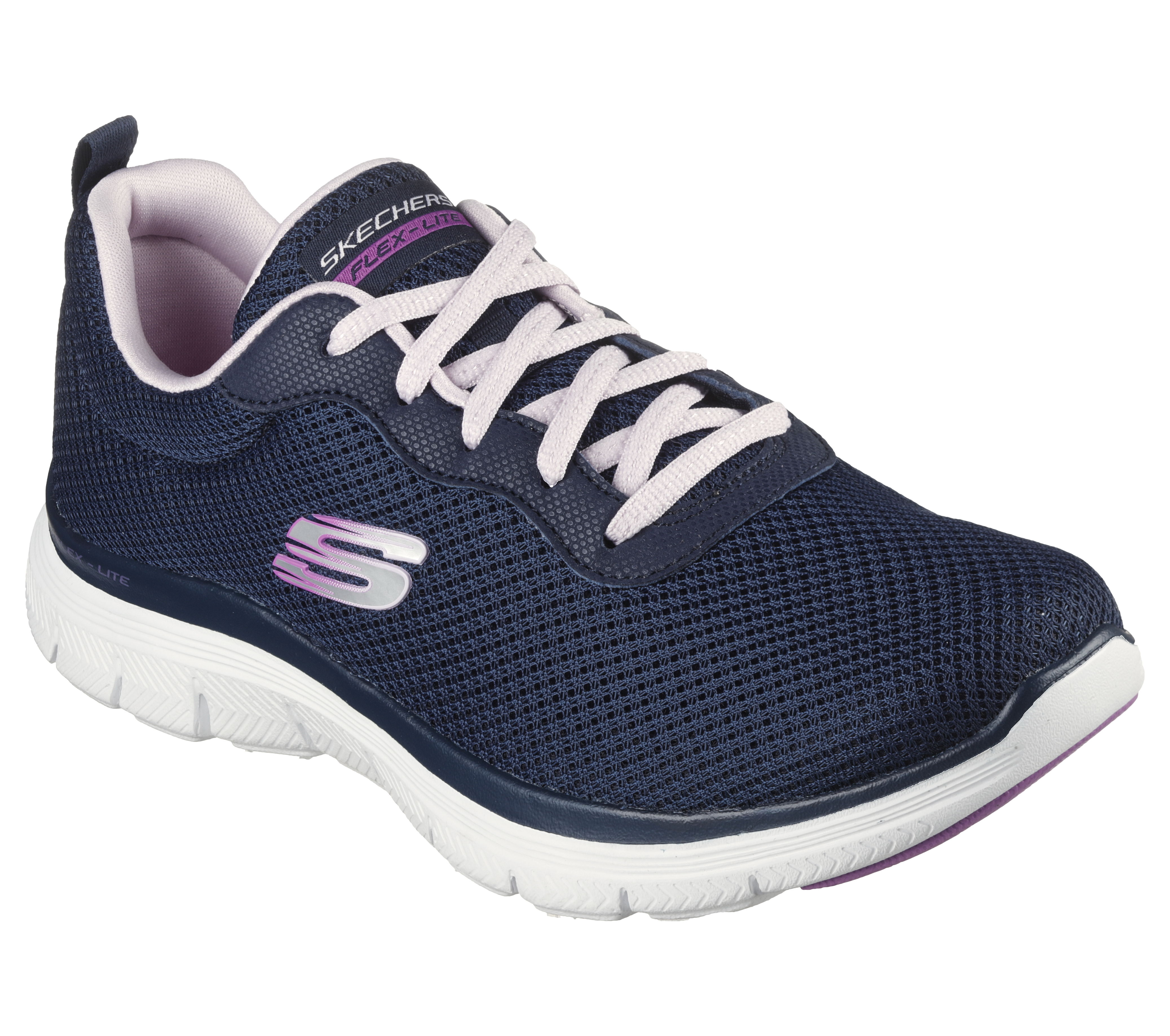 Skechers Women's Flex Appeal 4.0 - Brilliant View Sneaker in Navy Blue/Lavender, Size 9 | Textile/Synthetic, Vegan, Machine Washable