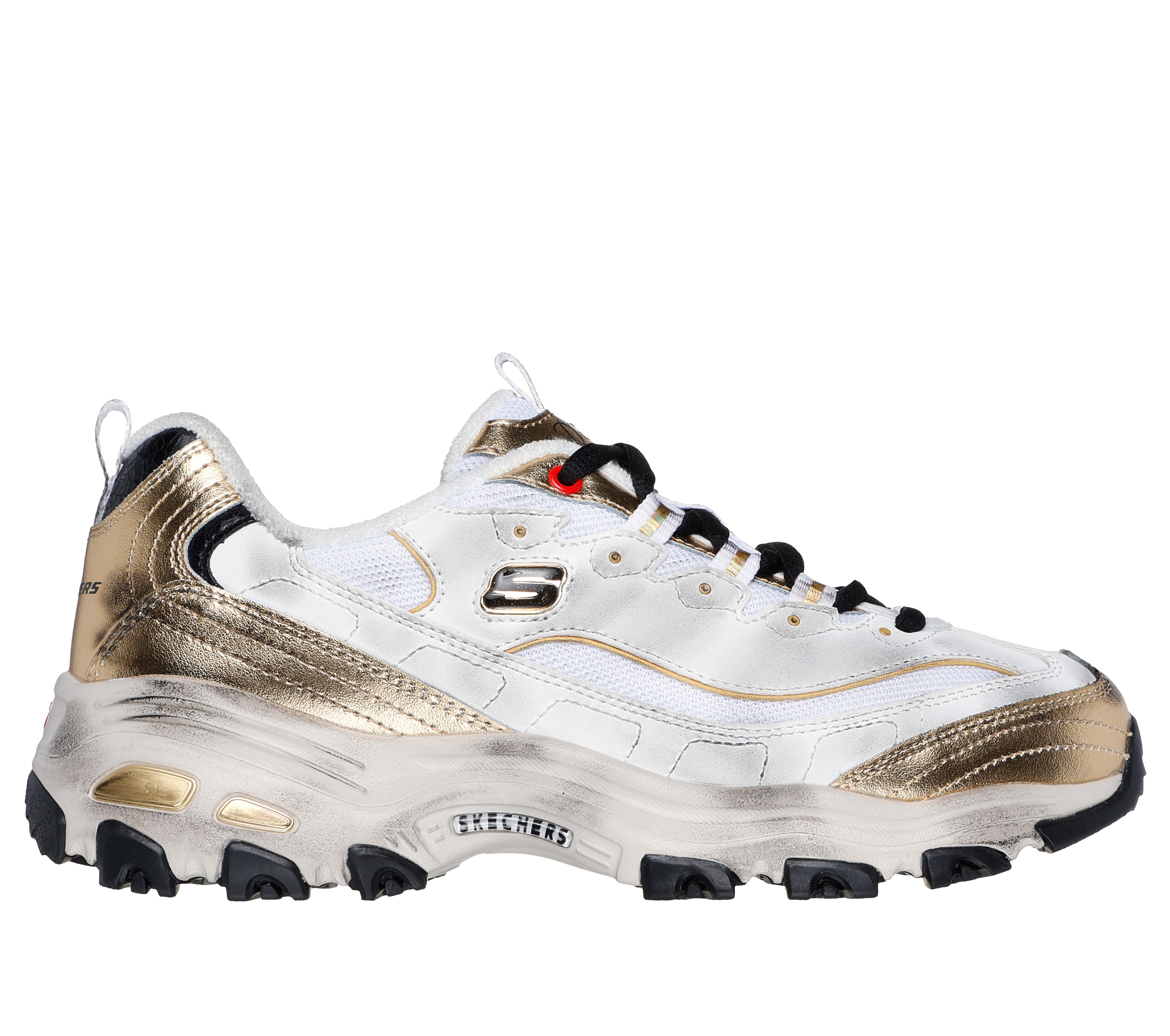 Skechers Women's D'Lites - Vintage Vision Sneaker in White/Black/Gold, Size 4.5 | Leather/Synthetic