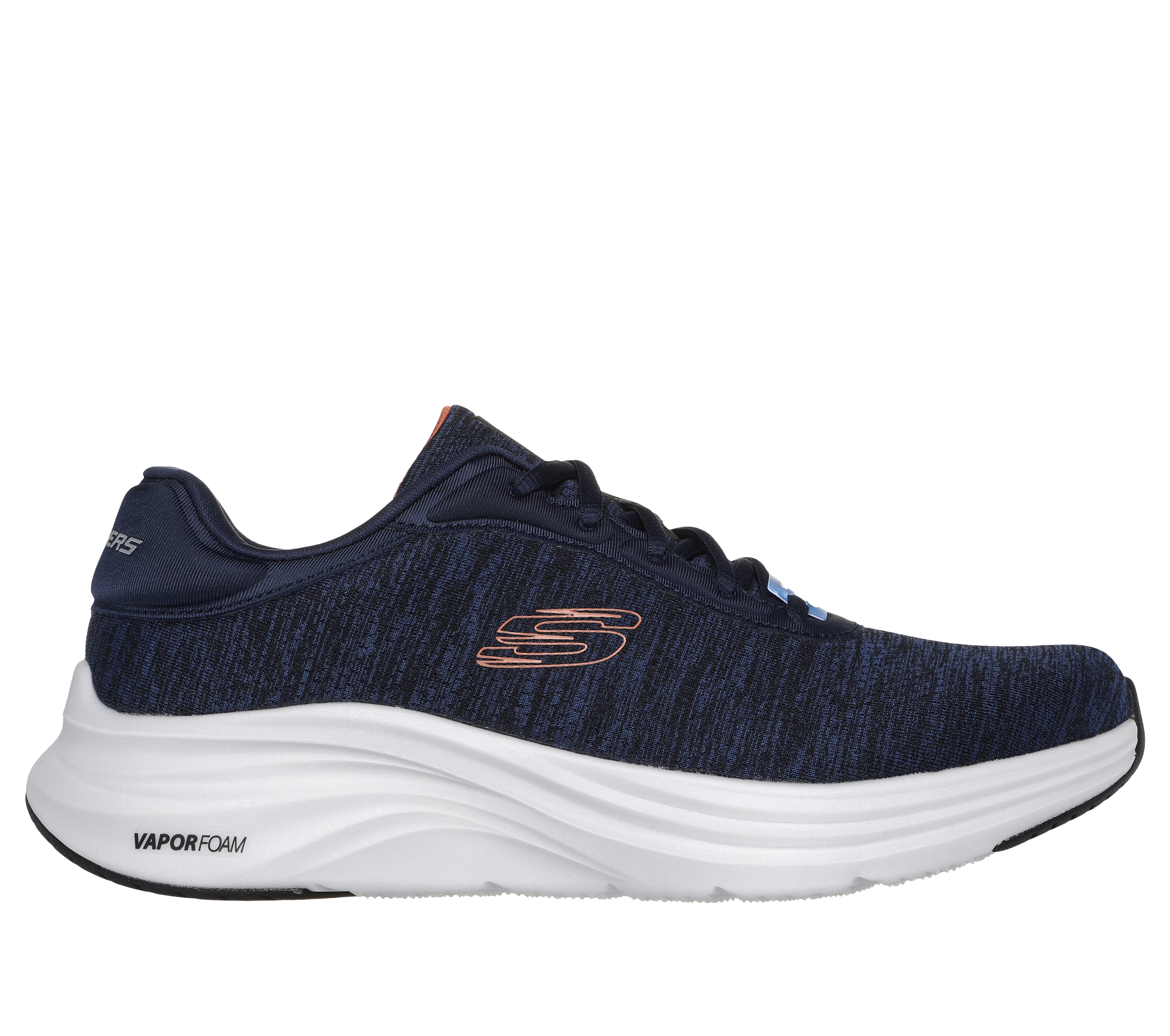 Skechers Men's Vapor Foam - Pursual Sneaker in Navy Blue/Orange, Size 11 | Textile/Synthetic, Vegan, Machine Washable