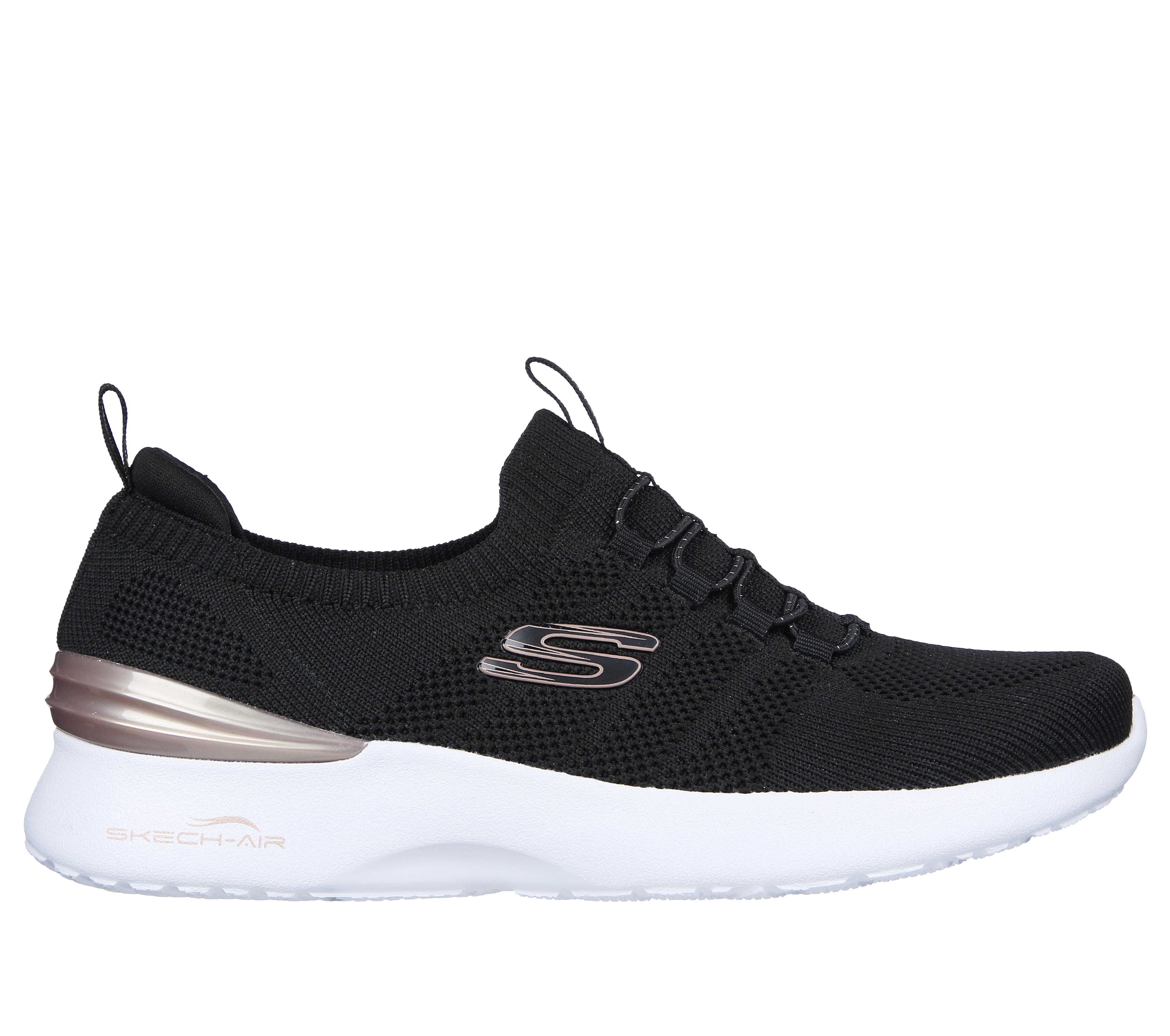 Skechers Women's Skech-Air Dynamight - Perfect Steps Sneaker in Black/Rose Gold, Size 5.5 | Textile/Synthetic, Vegan, Machine Washable