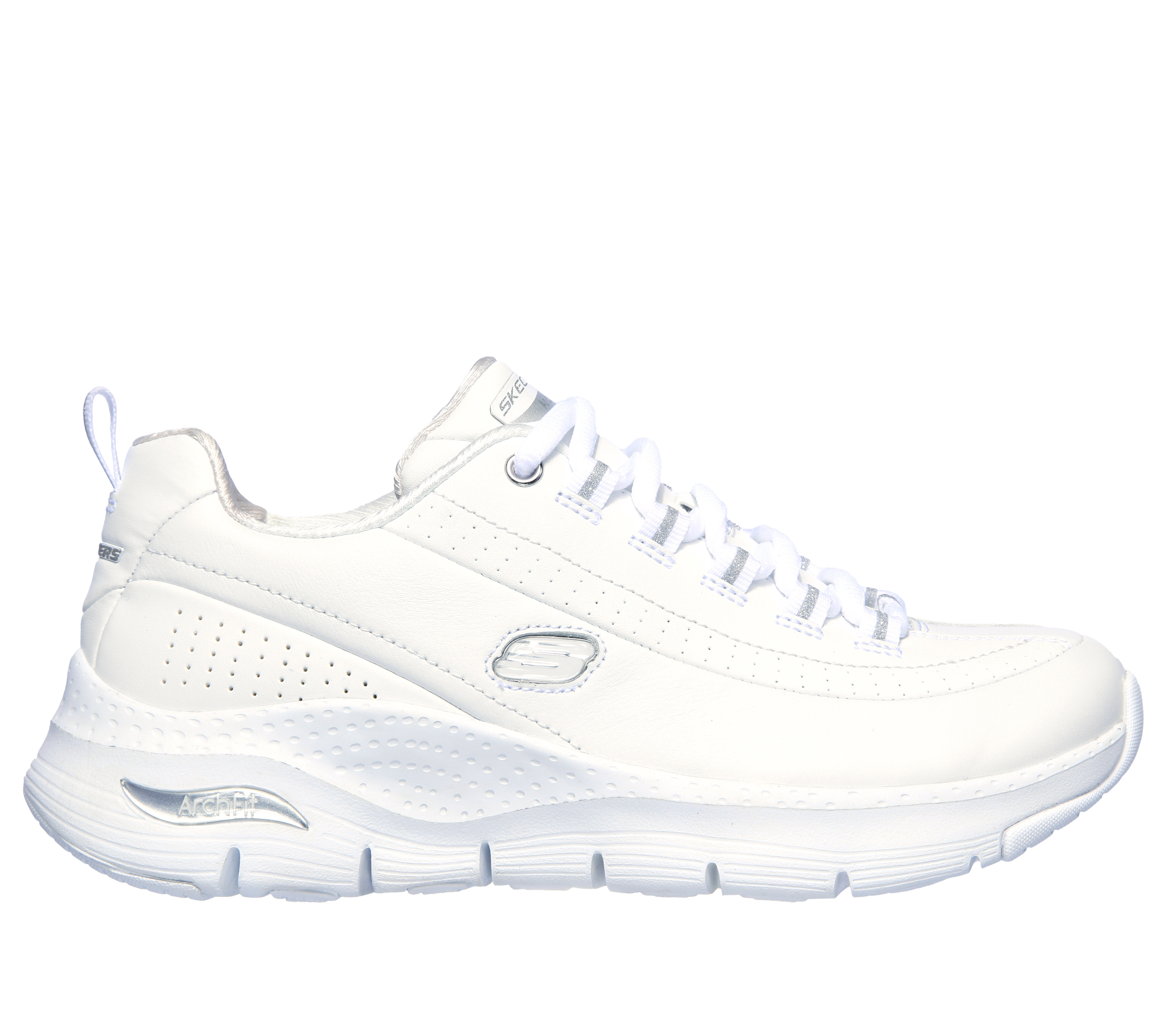 Skechers Women's Arch Fit - Citi Drive Sneaker in White/Silver, Size 5 Wide | Leather/Synthetic/Textile