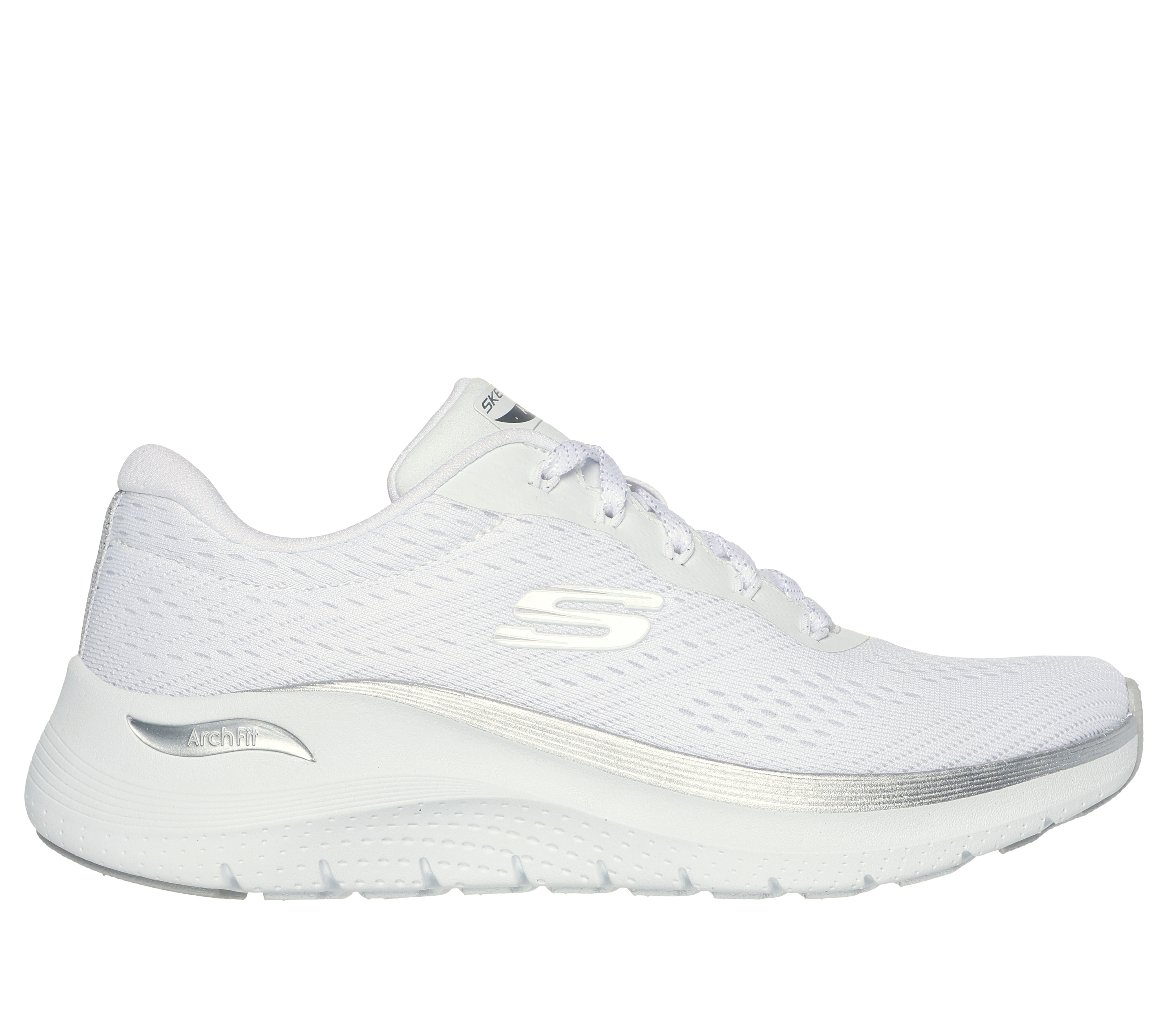 Skechers Women's Arch Fit 2.0 - Glow The Distance Sneaker in White/Silver, Size 4 | Textile/Synthetic, Vegan, Machine Washable