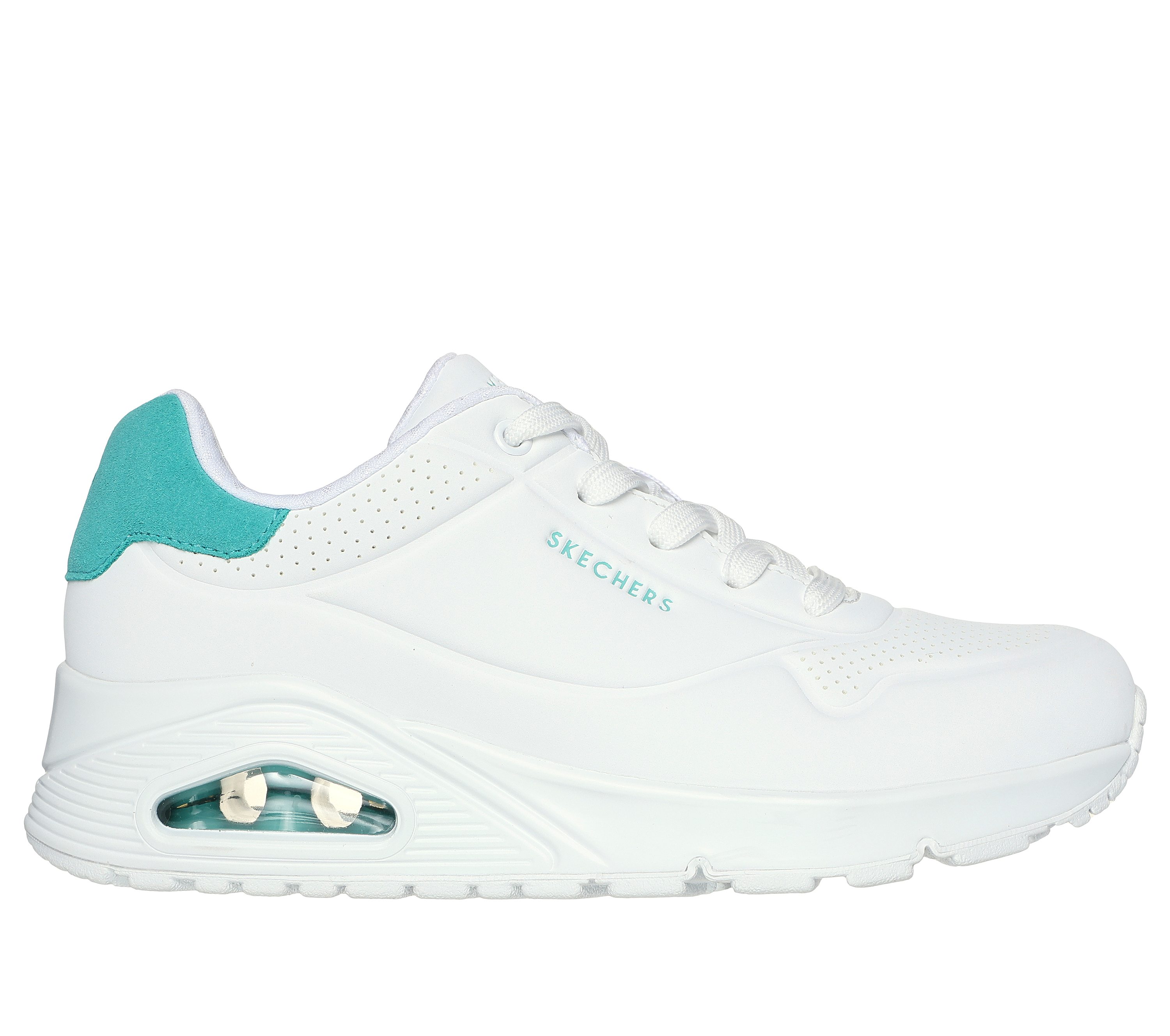 Skechers Women's Uno - Pop Back Sneaker in White/Mint, Size 5 | Synthetic/Leather/Textile