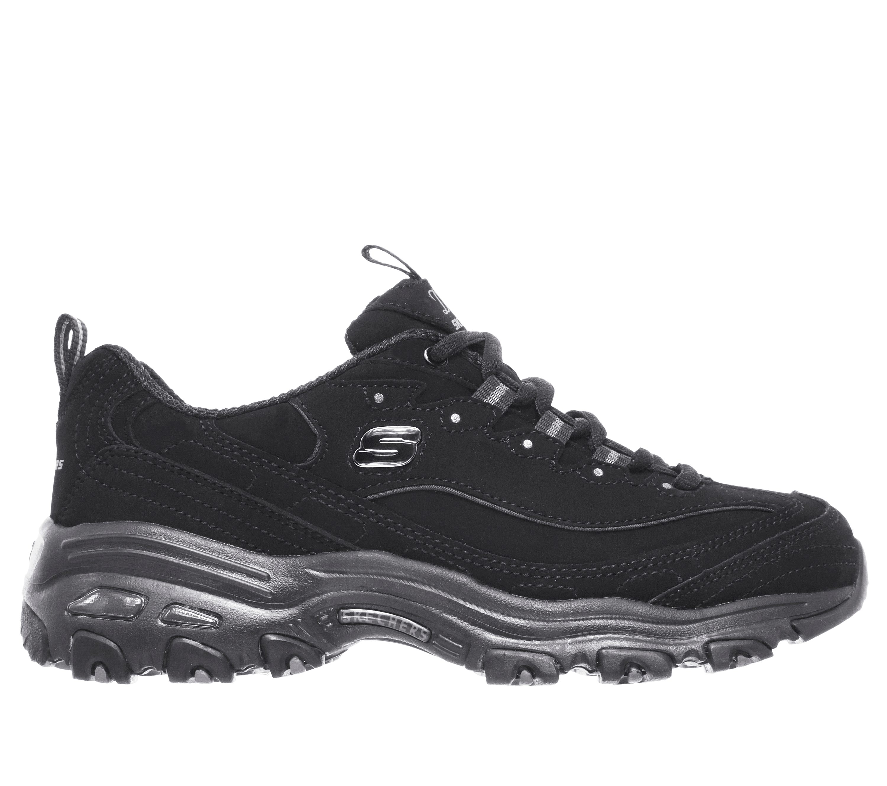 Skechers Women's D'Lites - Play On Sneaker in Black, Size 2 | Leather/Synthetic/Textile