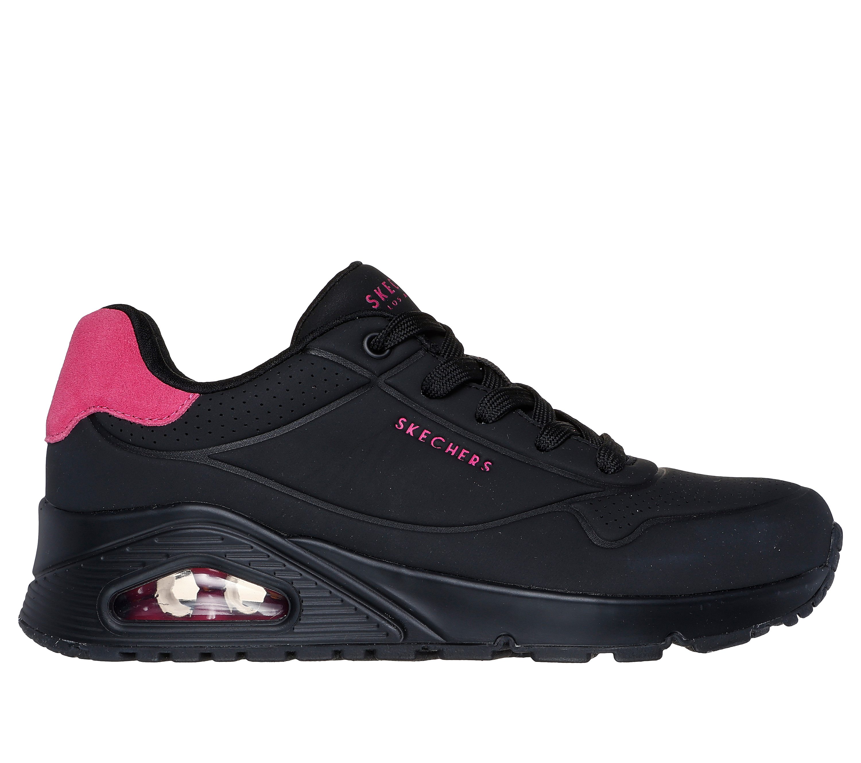 Skechers Women's Uno - Pop Back Sneaker in Black/Hot Pink, Size 4 | Synthetic/Leather/Textile