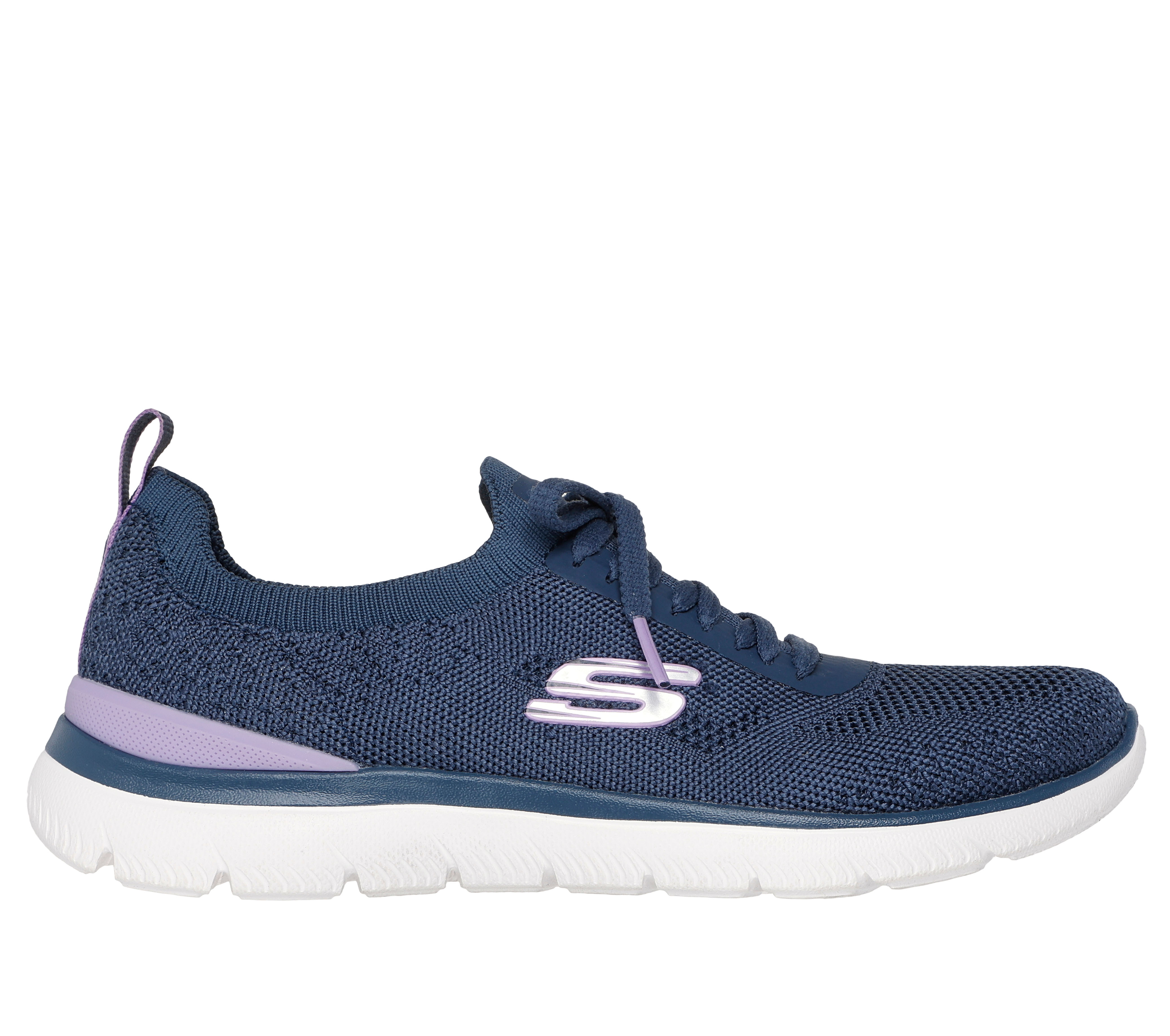 Skechers Women's Summits - Sneak Peek Sneaker in Navy Blue/Lavender, Size 6.5 | Textile/Synthetic, Vegan, Machine Washable