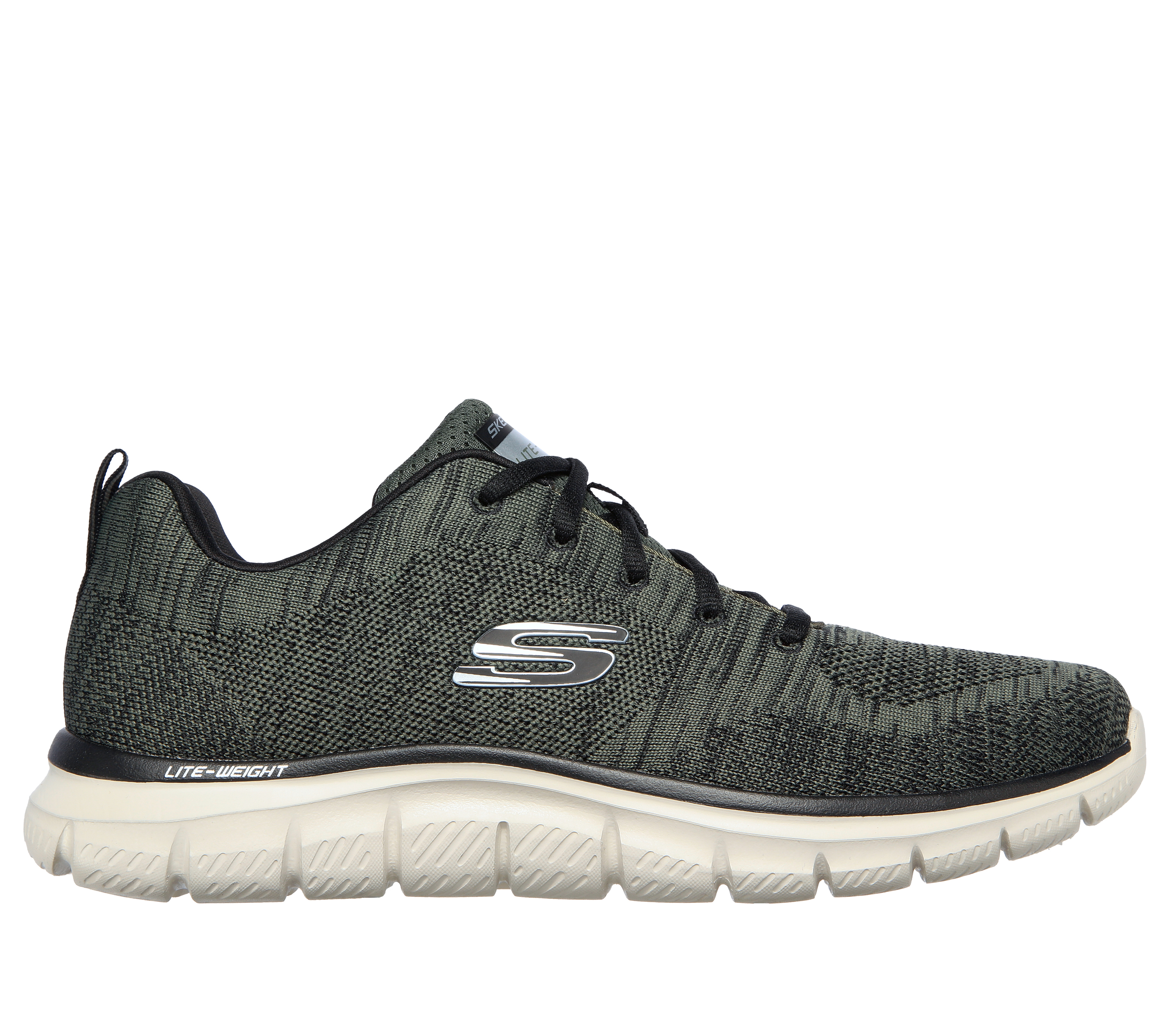 Skechers Men's Track - Front Runner Sneaker in Olive/Black, Size 9.5 | Textile/Synthetic, Machine Washable