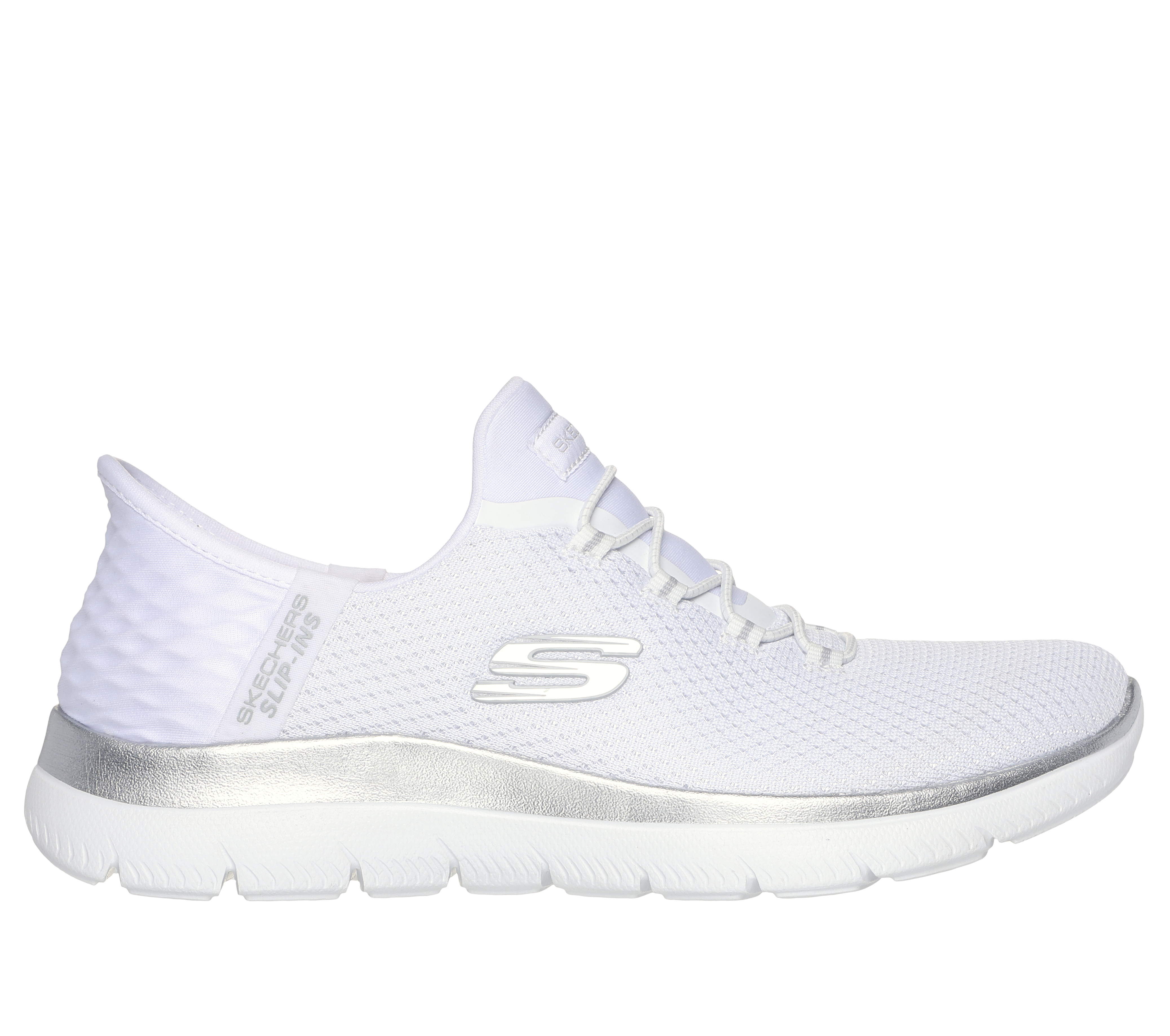 Skechers Women's Slip-ins: Summits - Diamond Dream Sneaker in White/Silver, Size 4.5 Wide | Textile/Synthetic, Vegan, Machine Washable