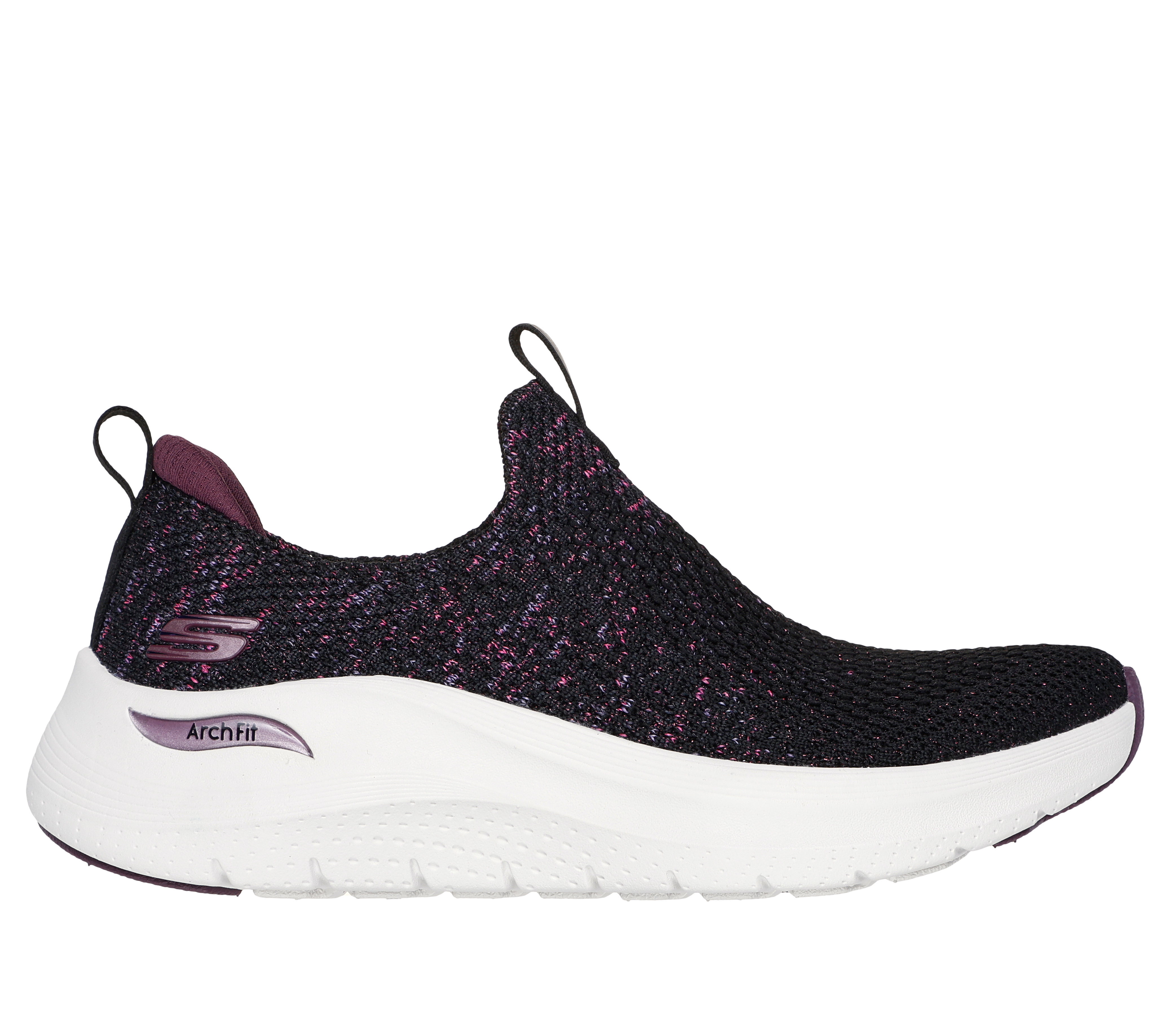 Skechers Women's Arch Fit 2.0 - Sheer Shimmer Sneaker in Black/Purple, Size 7 | Textile/Synthetic, Vegan, Machine Washable