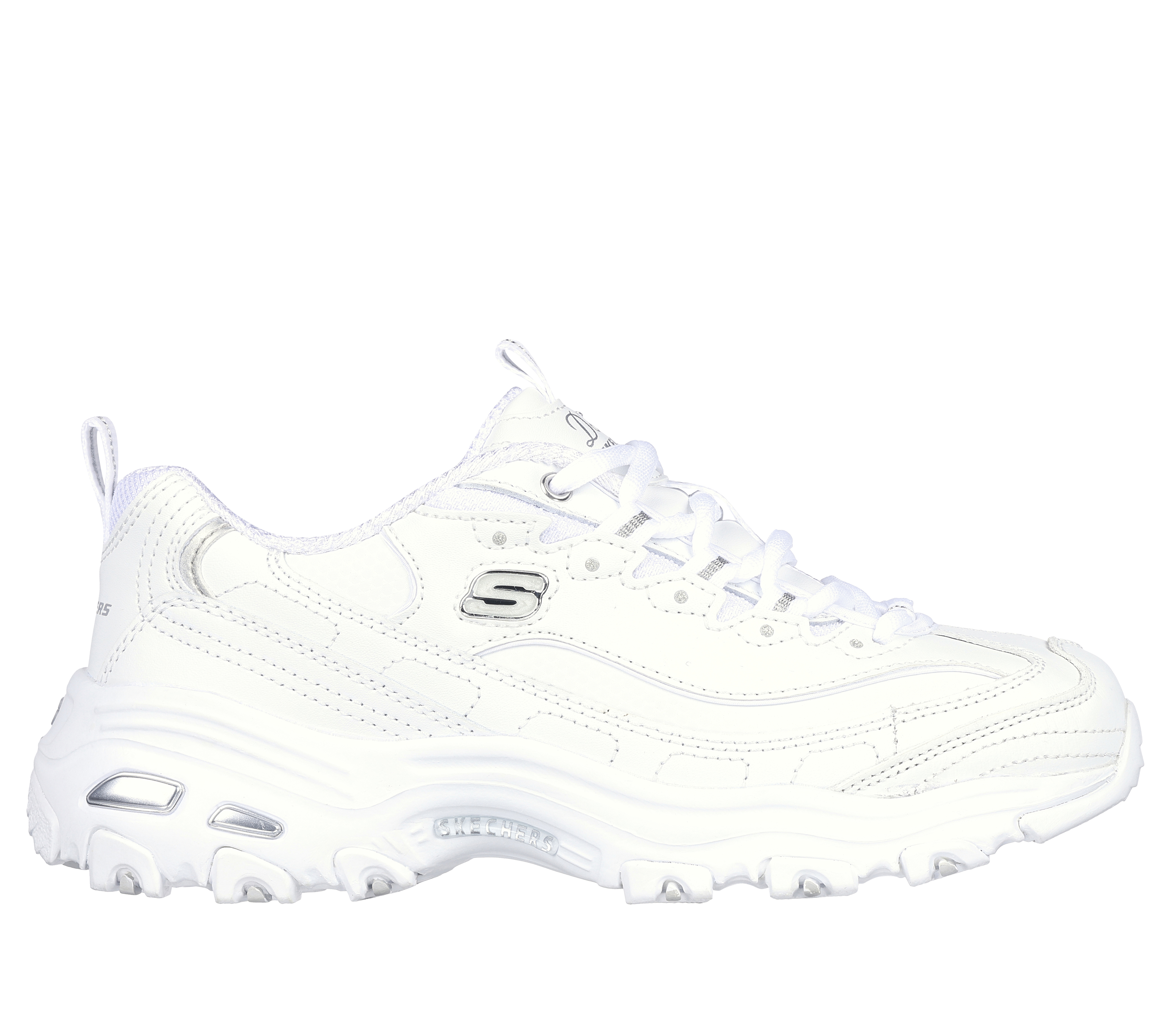 Skechers Women's D'Lites - Fresh Start Sneaker in White/Silver, Size 5.5 Wide | Leather/Synthetic/Textile