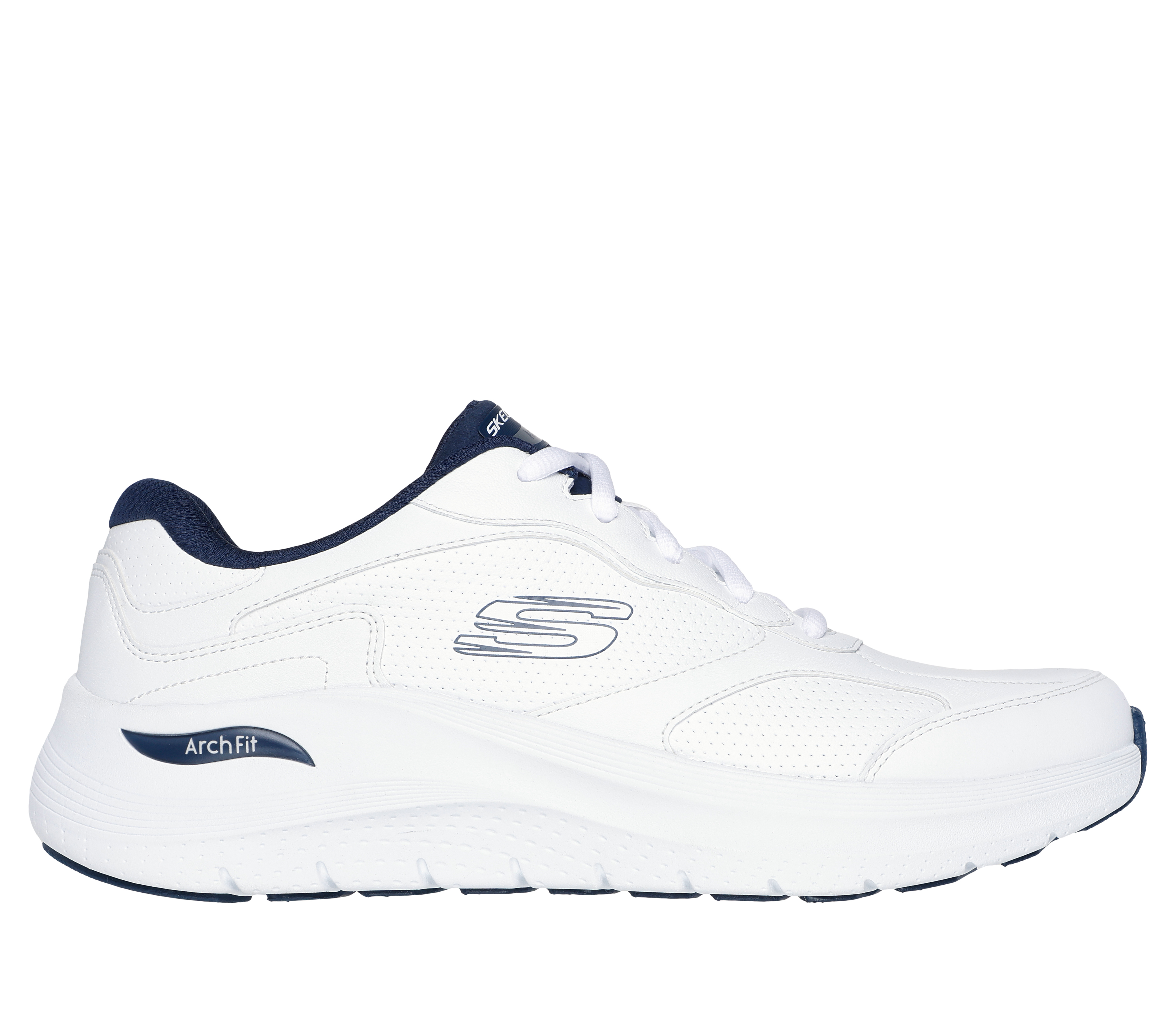 Skechers Men's Arch Fit 2.0 - Safehouse Sneaker in White/Navy Blue, Size 7 | Leather/Synthetic/Textile