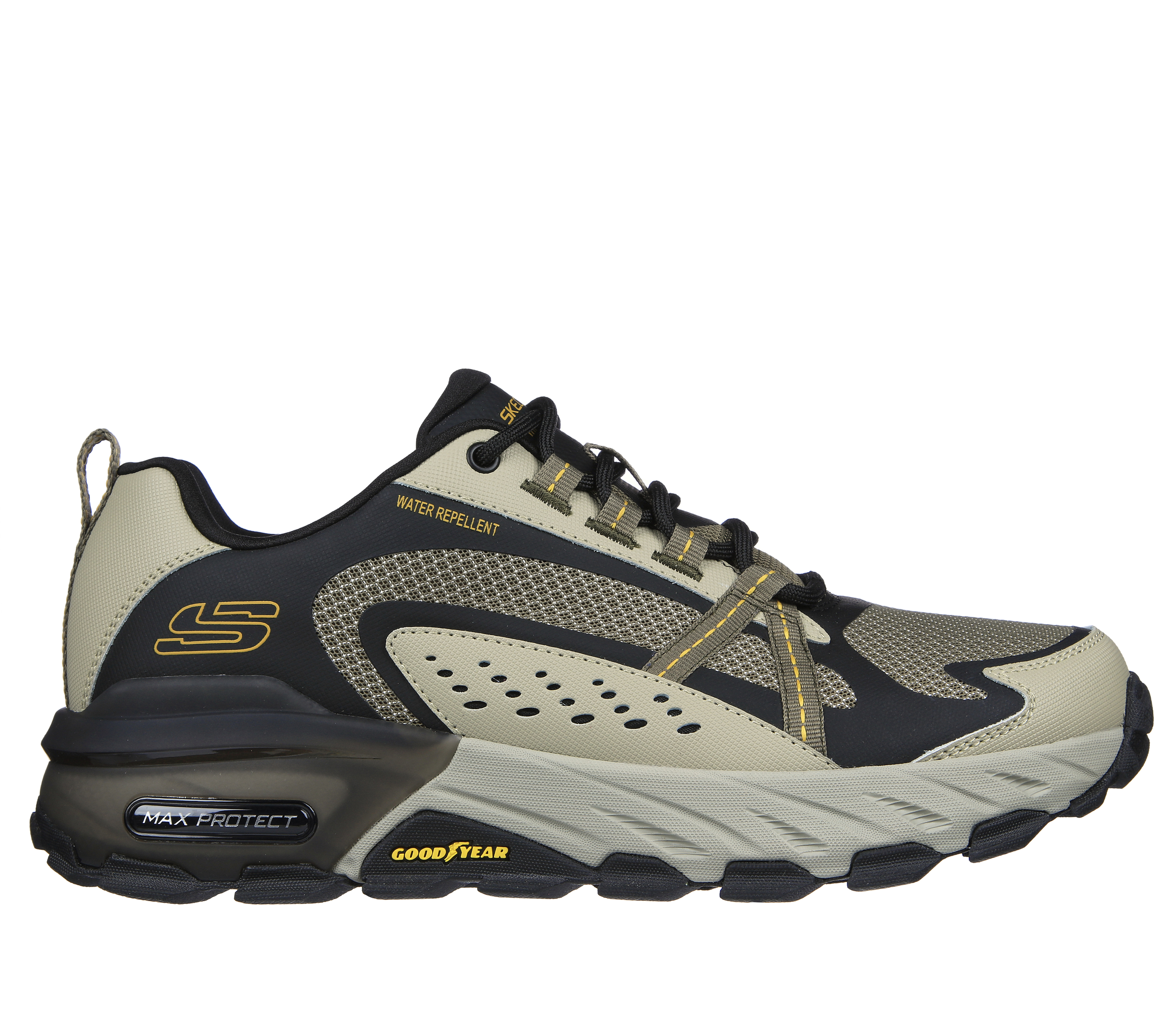 Skechers Men's Max Protect Sneaker in Pebble/Black, Size 6.5 | Leather/Textile