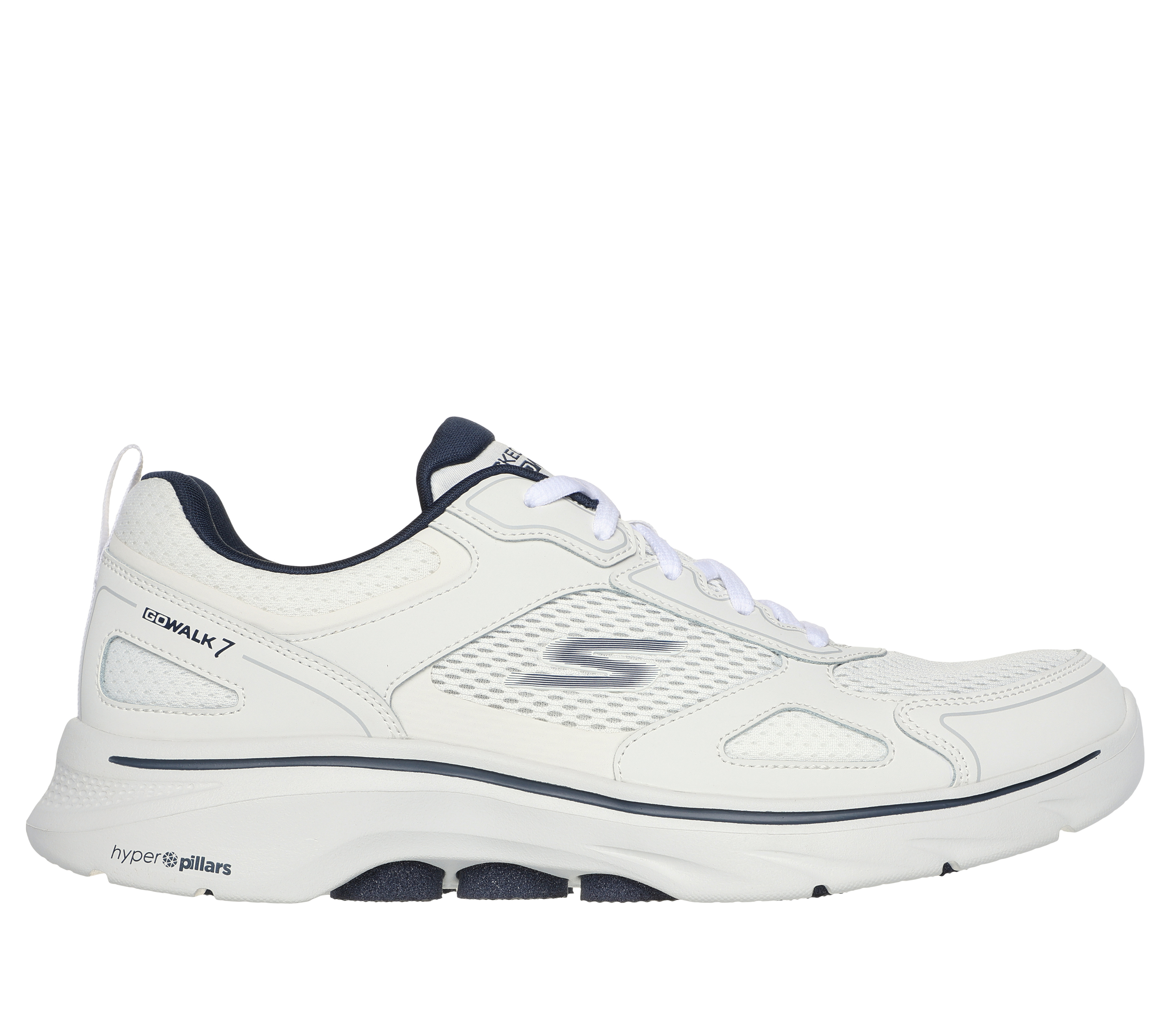 Skechers Men's GO WALK 7 - The Forefather Sneaker in White/Navy Blue, Size 10 | Leather/Textile/Synthetic, Machine Washable