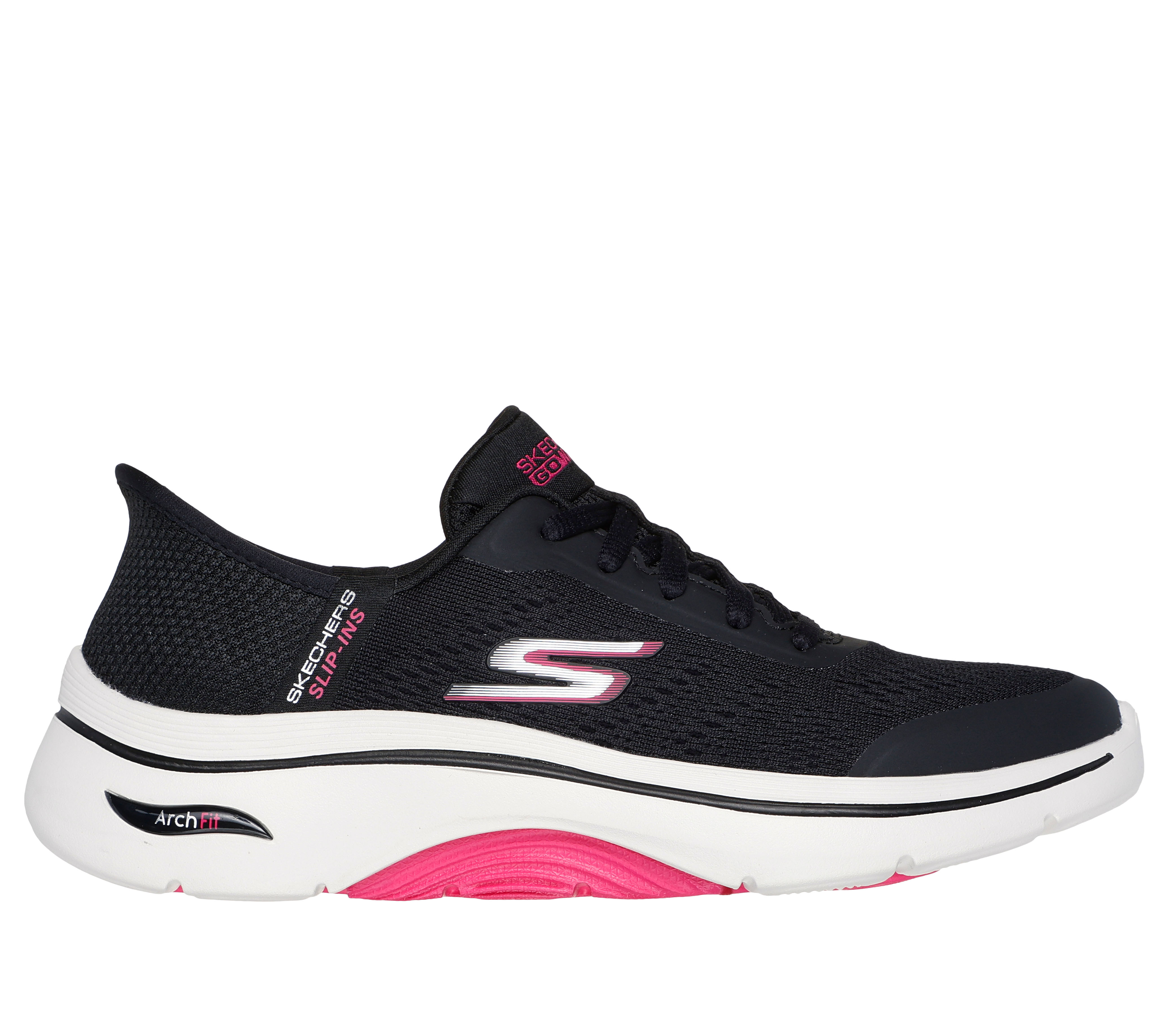 Skechers Women's Slip-ins: GO WALK Arch Fit 2.0 Sneaker in Black/Hot Pink, Size 6 | Textile/Synthetic, Vegan, Machine Washable