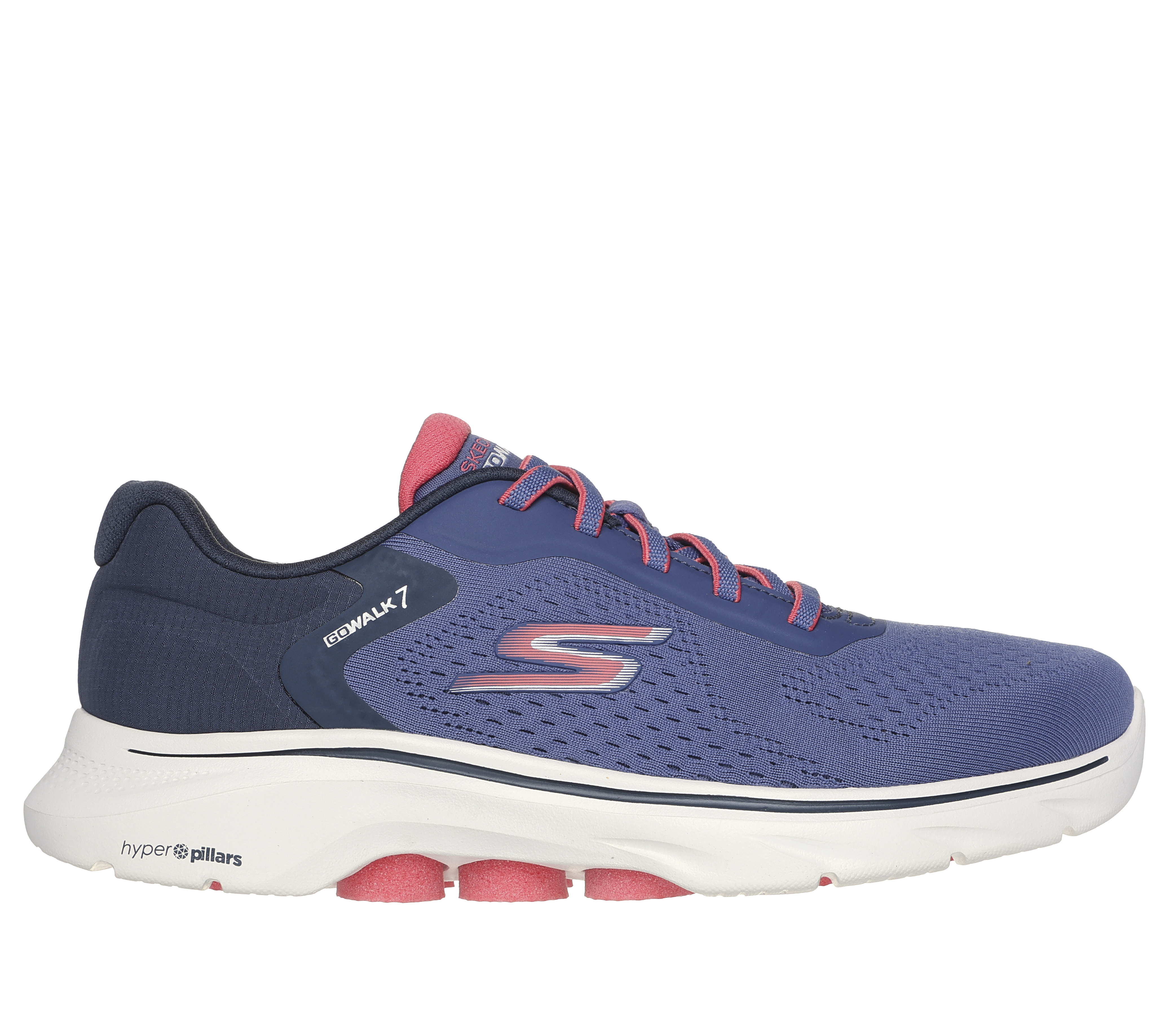 Skechers Women's GO WALK 7 - Cosmic Waves Sneaker in Navy Blue/Coral, Size 4 | Textile/Synthetic, Vegan, Machine Washable