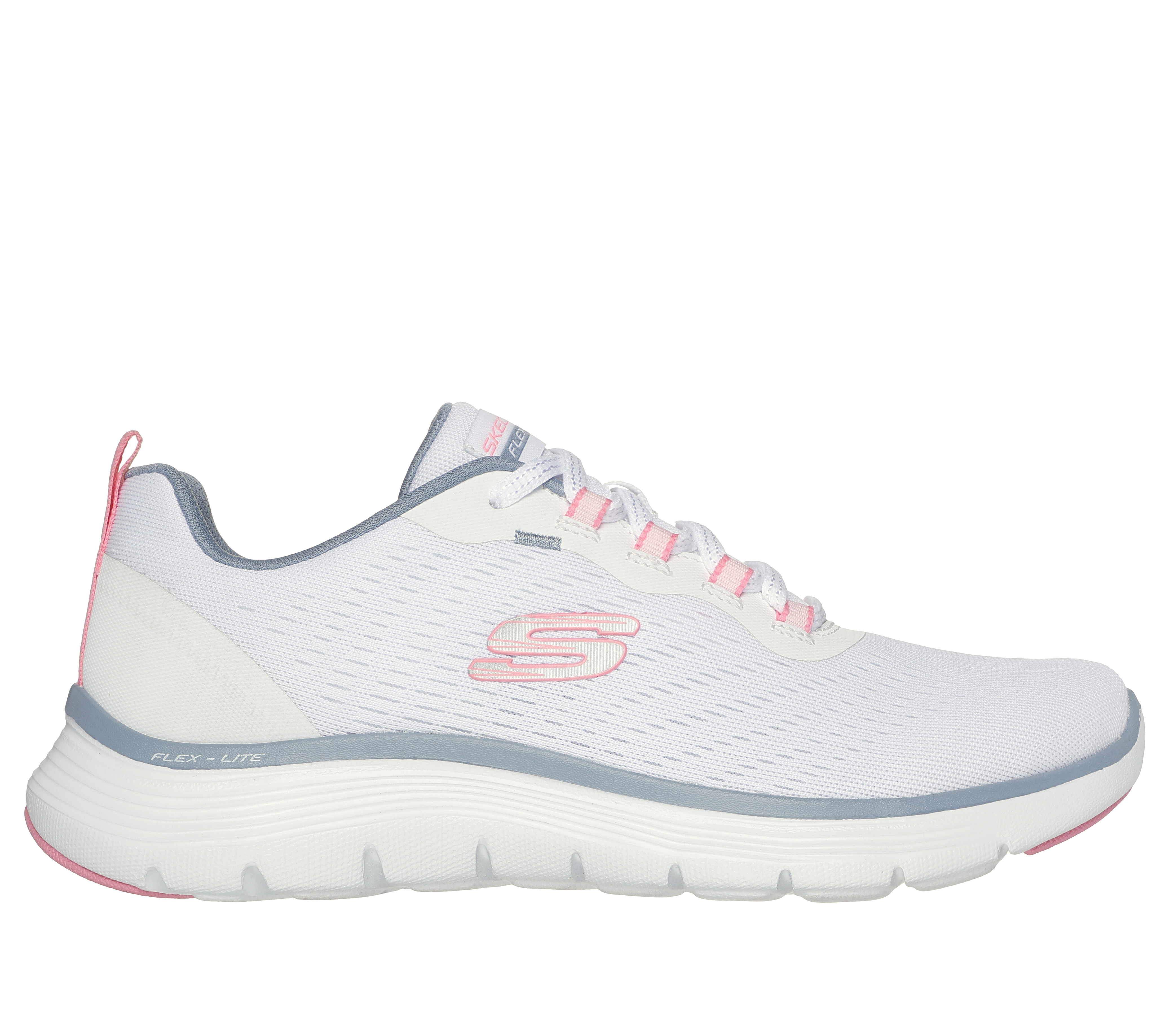 Skechers Women's Flex Appeal 5.0 Sneaker in White/Pink/Blue, Size 4.5 | Textile/Synthetic, Vegan, Machine Washable