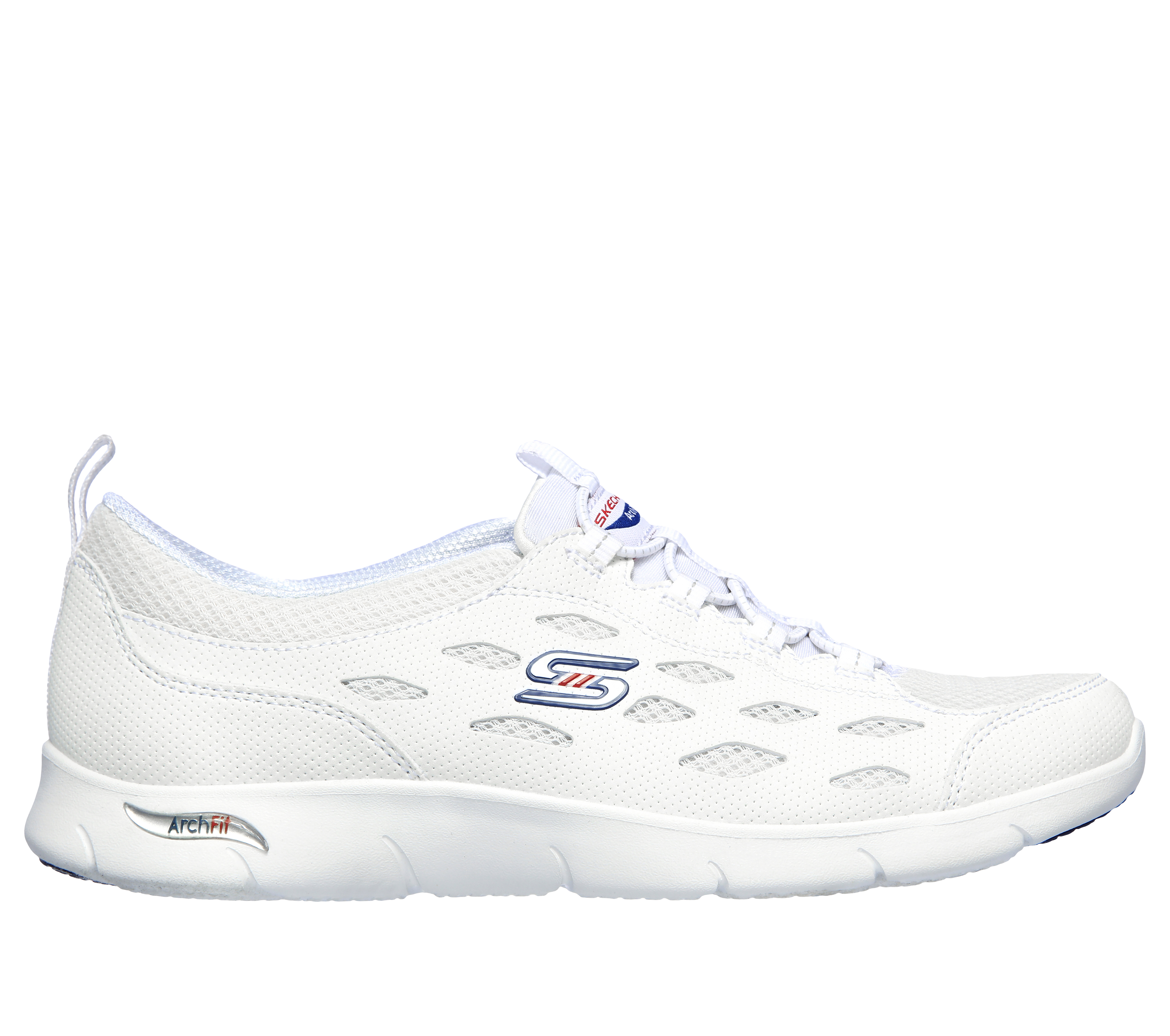 Skechers Women's Arch Fit Refine Sneaker in White/Navy Blue, Size 7 | Synthetic/Textile, Machine Washable