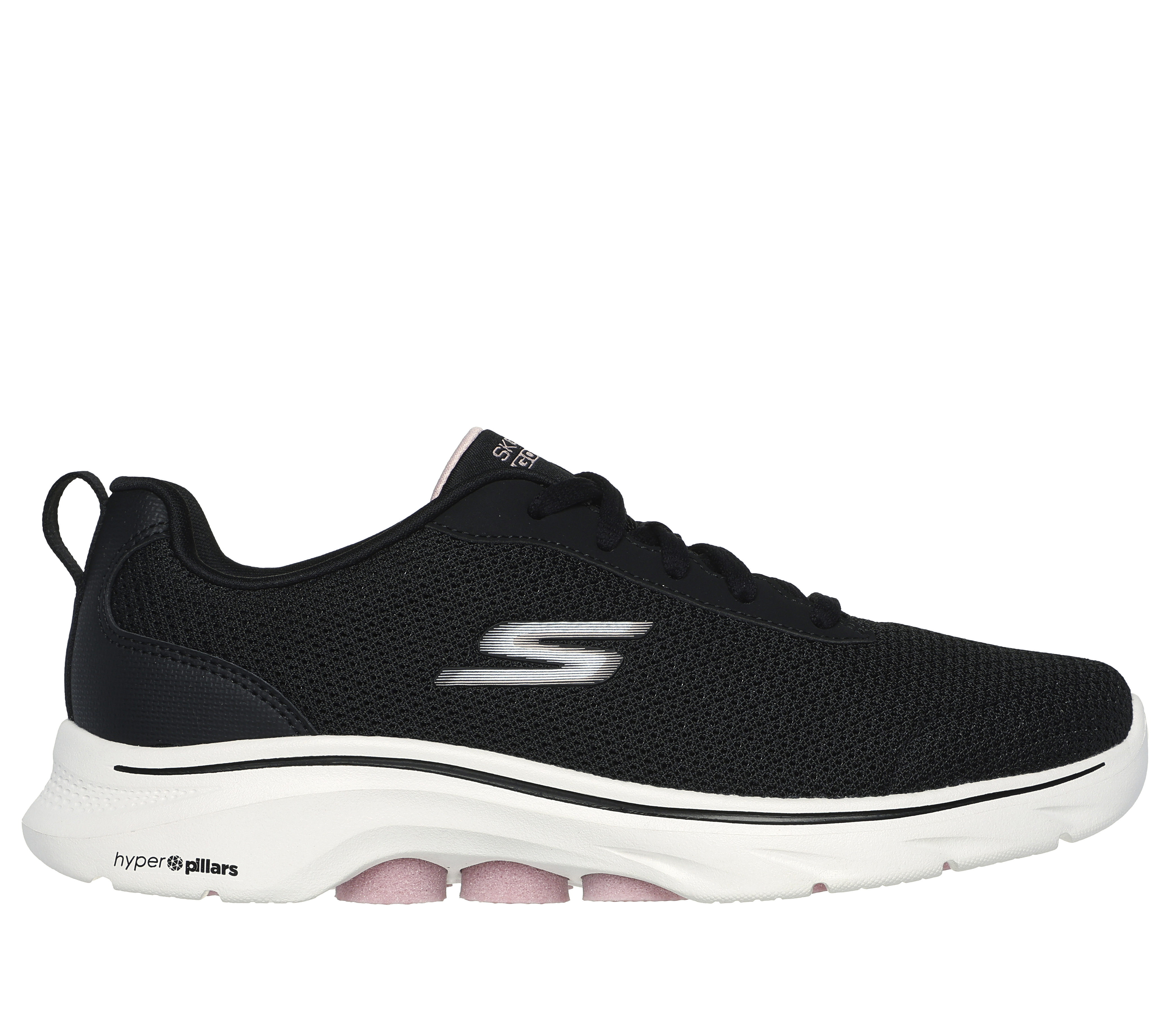 Skechers Women's GO WALK 7 - Clear Path Sneaker in Black/Pink, Size 2 | Textile/Synthetic, Vegan, Machine Washable