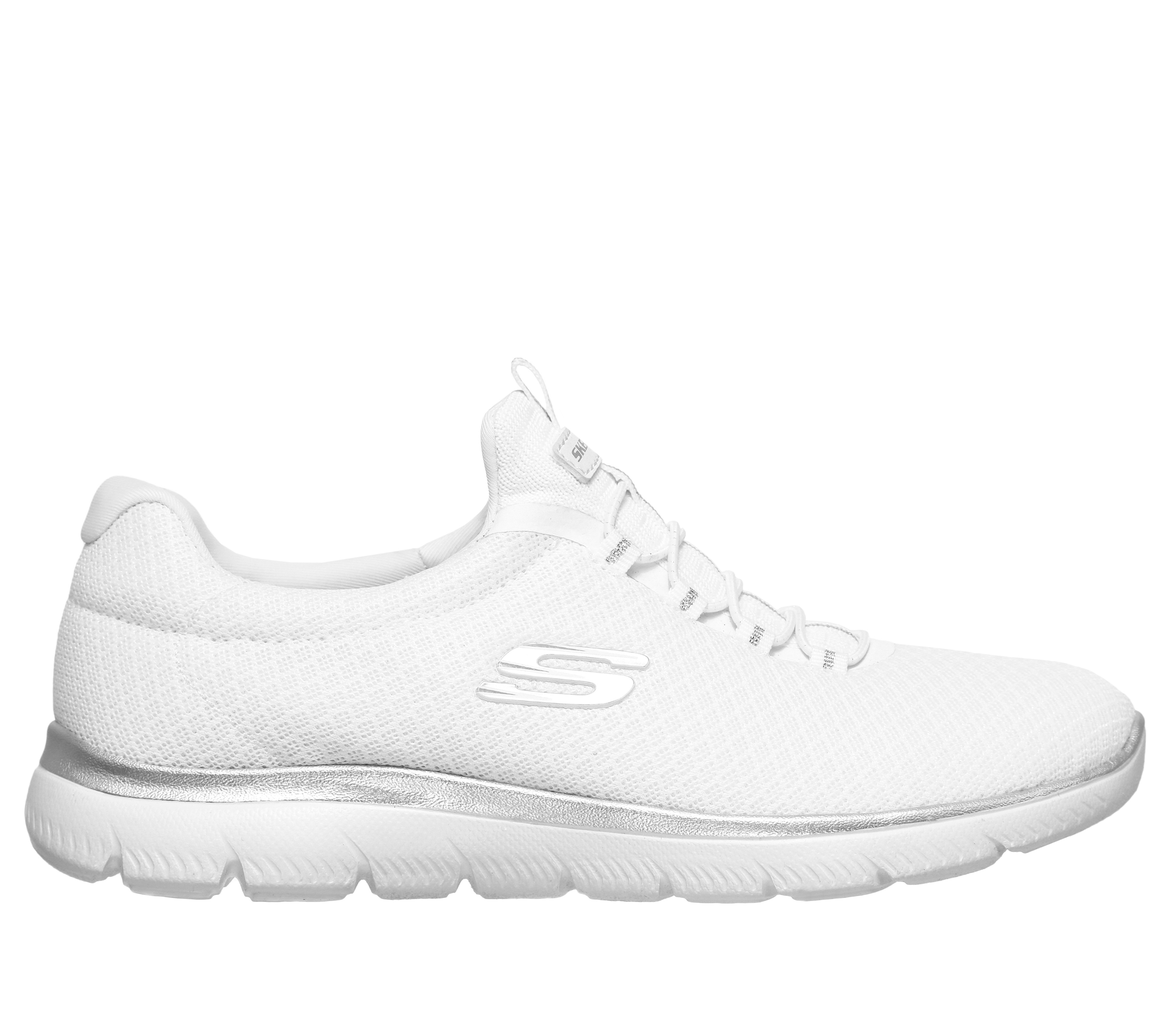 Skechers Women's Summits Sneaker in White/Silver, Size 3.5 | Textile/Synthetic, Vegan, Machine Washable