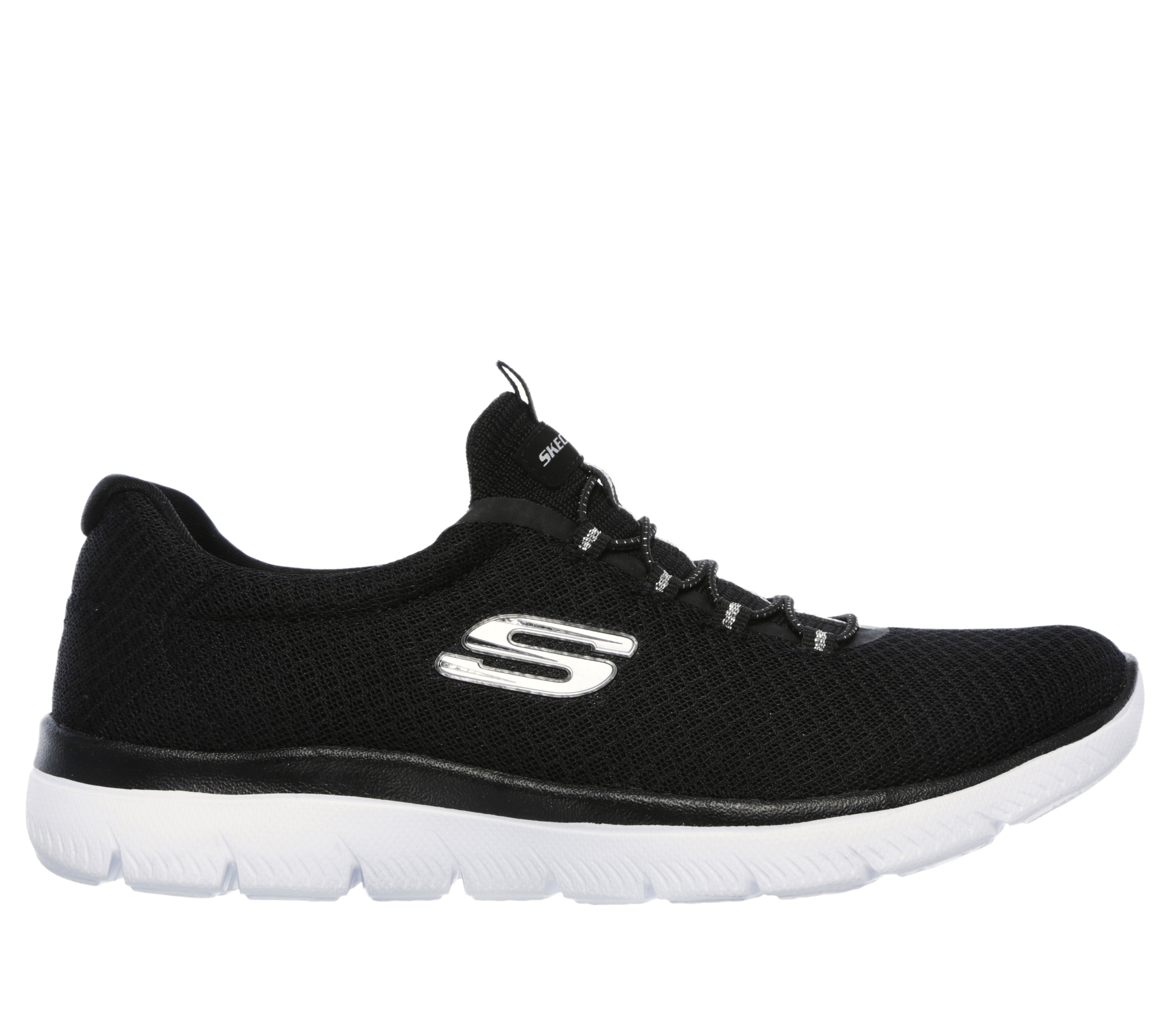 Skechers Women's Summits Sneaker in Black/White, Size 7 | Textile/Synthetic, Vegan, Machine Washable