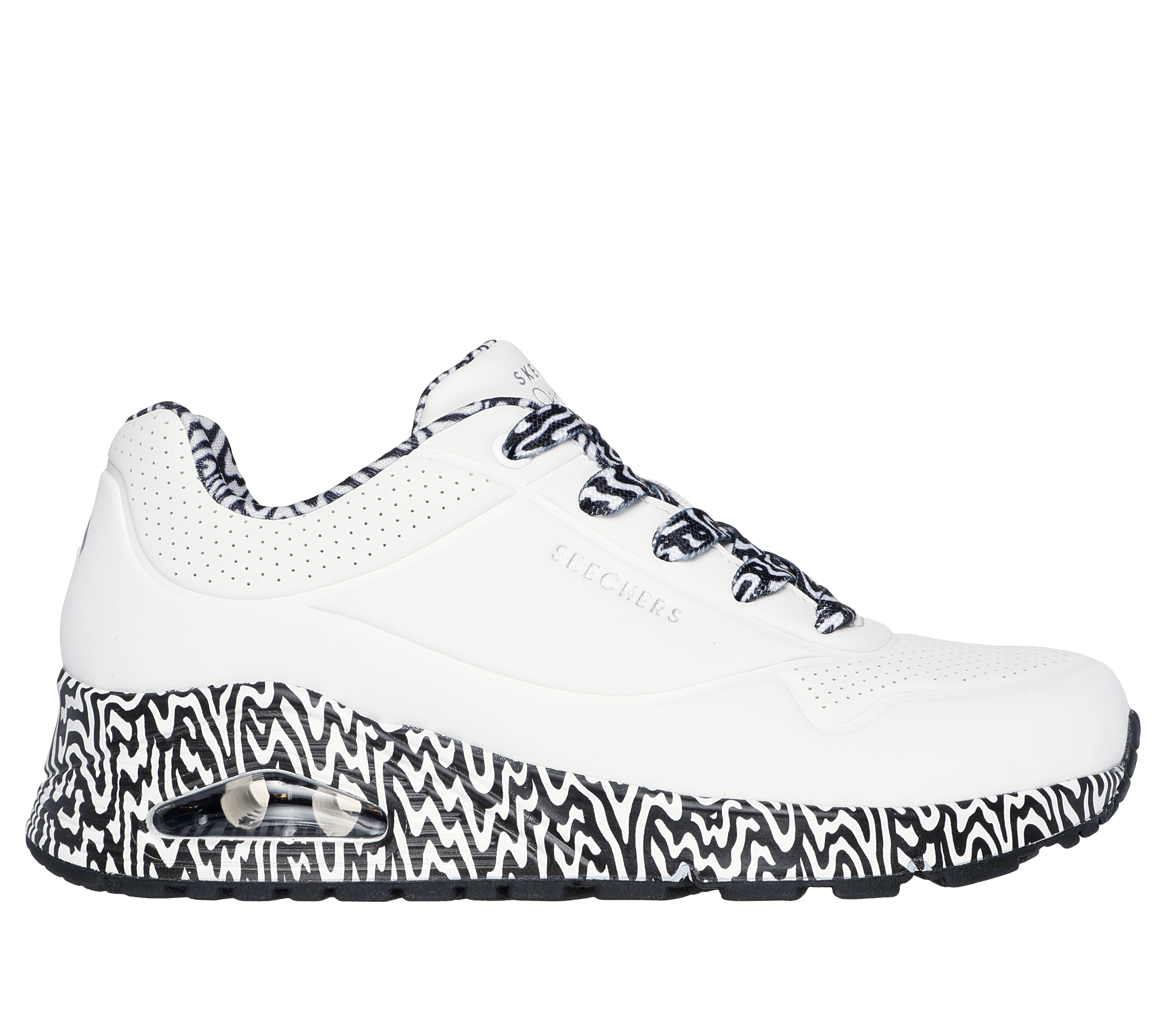 Skechers Women's Jen Stark: Uno - Mini Drip Sneaker in White/Black, Size 5 | Textile/Synthetic