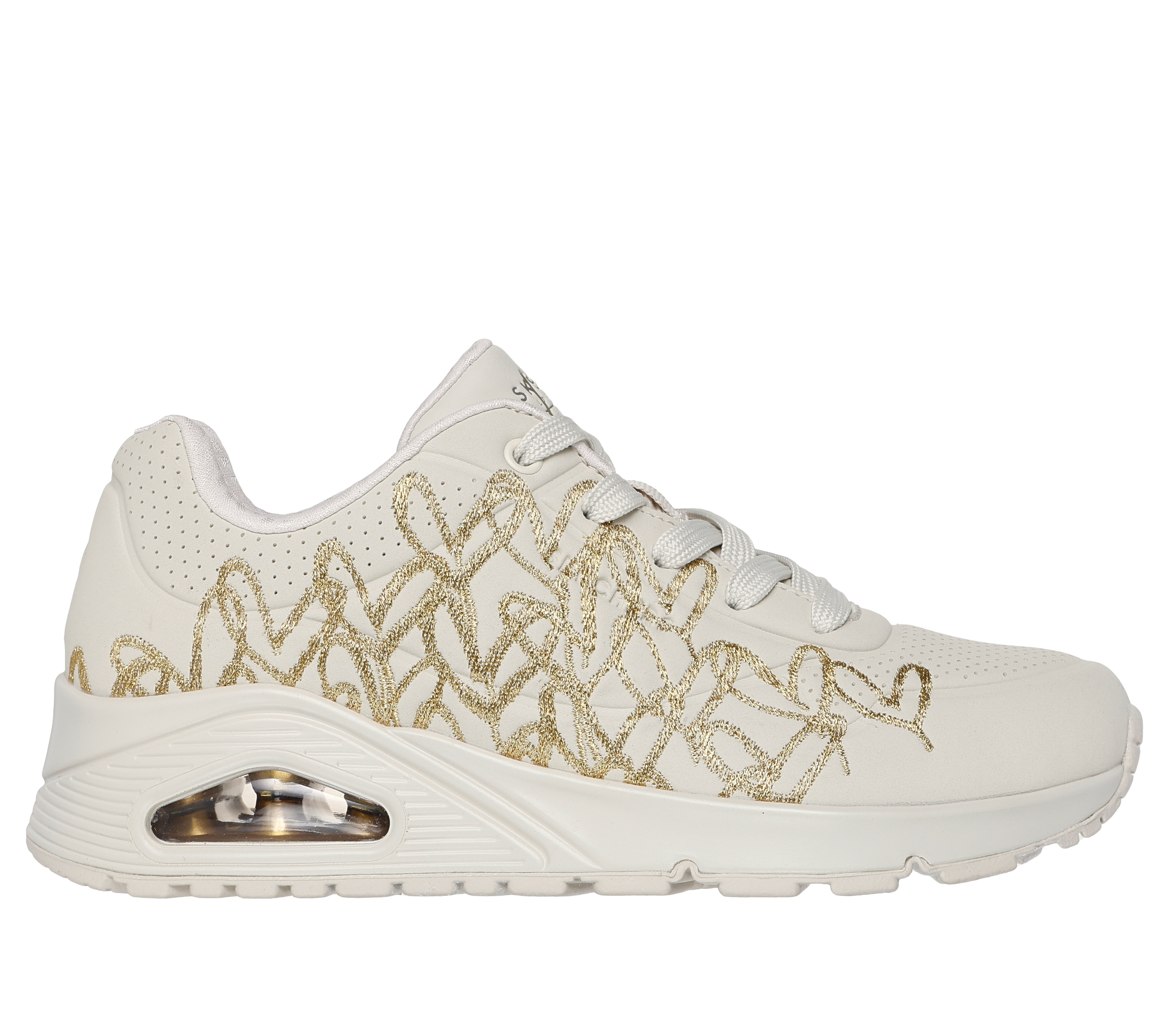 Skechers Women's JGoldcrown: Uno - Golden Heart Sneaker in Natural/Gold, Size 4 | Synthetic/Textile