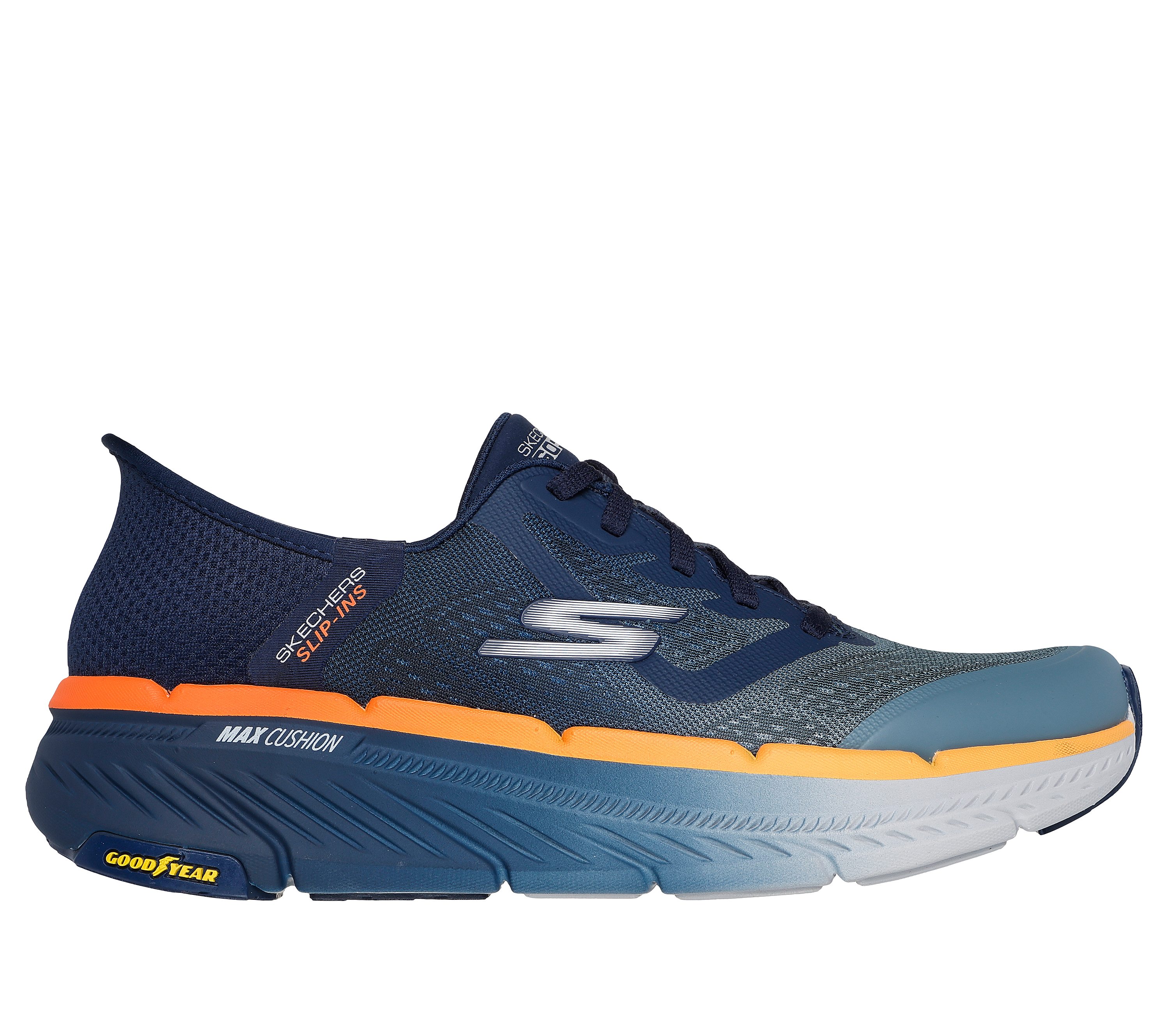 Skechers Men's Slip-ins: Max Cushioning Premier 2.0 Sneaker in Navy Blue/Orange, Size 10.5 | Textile/Synthetic, Vegan, Machine Washable