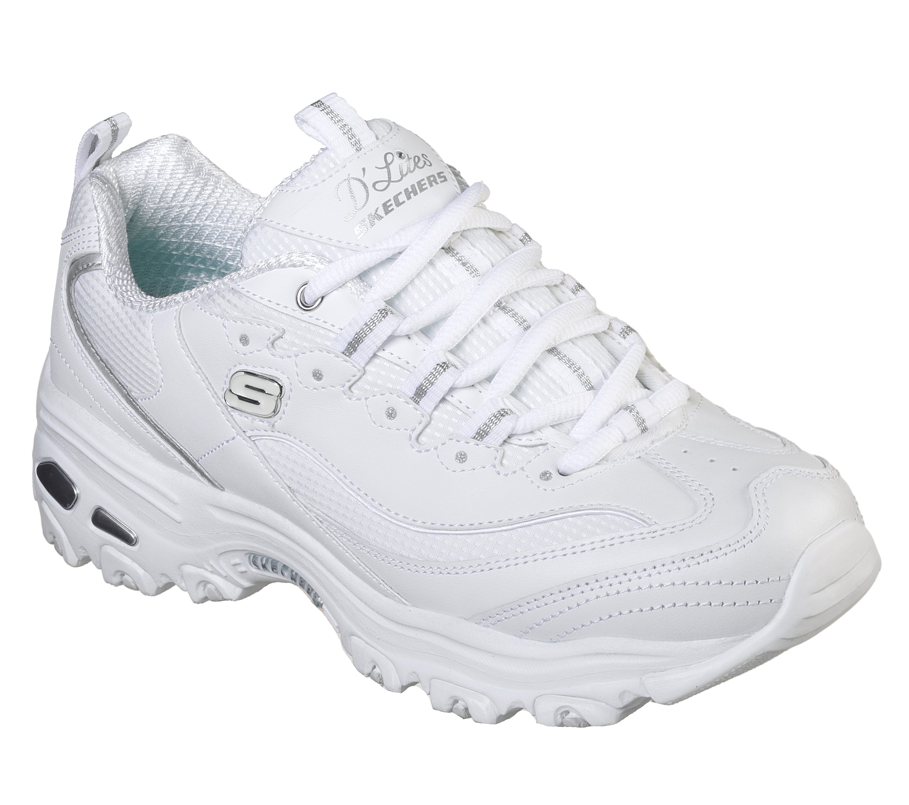 Skechers Women's D'Lites - Endless Dream Sneaker in White/Silver, Size 8 | Leather/Synthetic/Textile